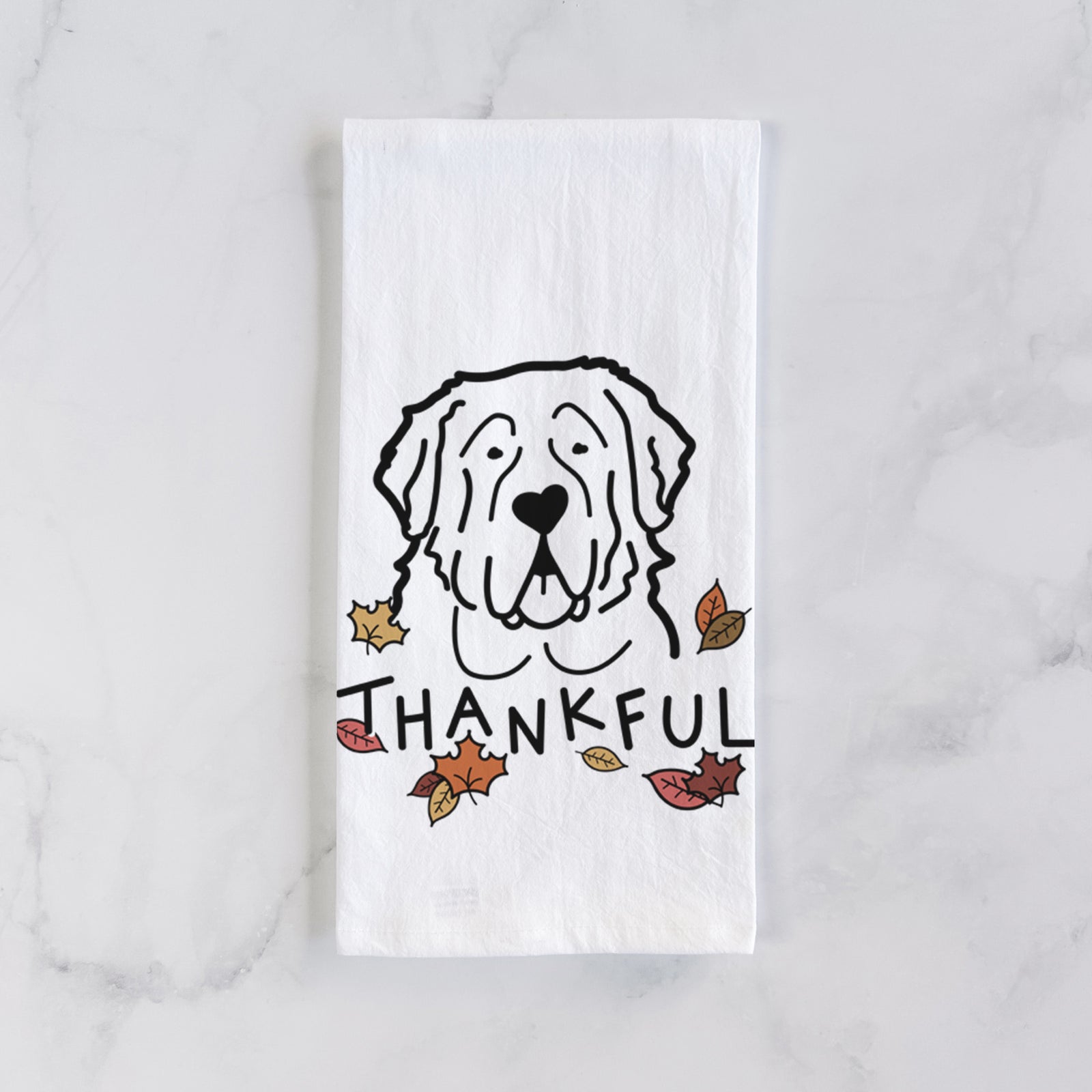 Minimalist line drawing of a Saint Bernard with 'Thankful' lettering on a tea towel
