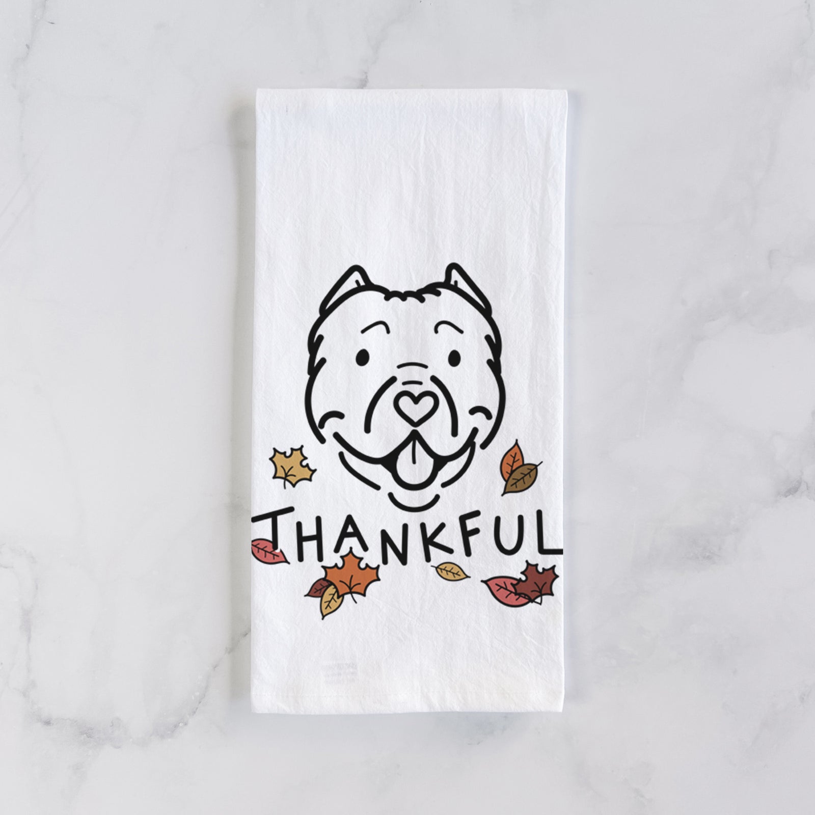 Minimalist line drawing of Tank the American Bully with 'Thankful' lettering on a tea towel