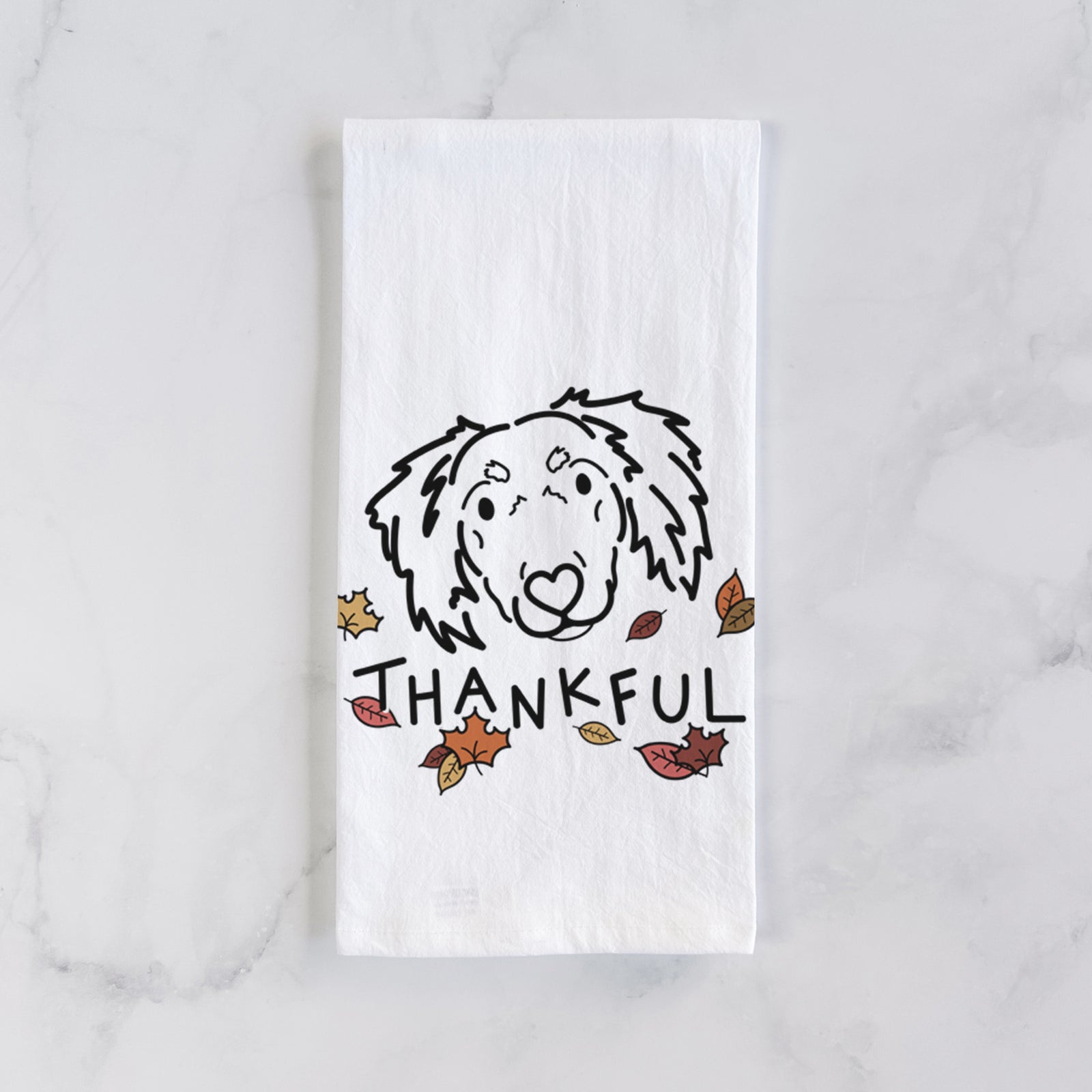Minimalist line drawing of Tilly the Dachshund Mix with 'Thankful' lettering on a tea towel