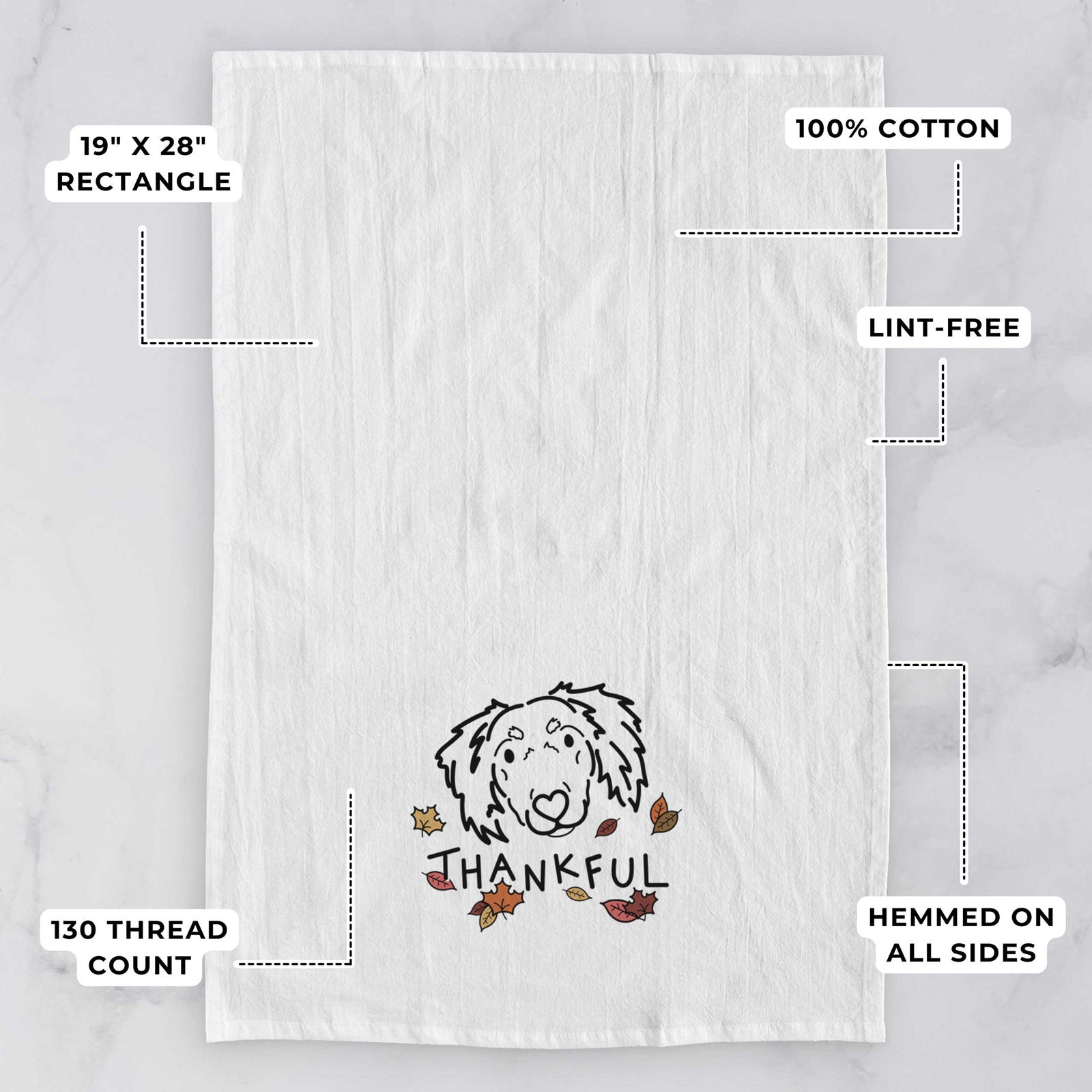Minimalist line drawing of Tilly the Dachshund Mix with 'Thankful' lettering on a tea towel, with feature callouts: 19 x 28 inch rectangle, 100% cotton, lint-free, 120 thread count, hemmed on all sides