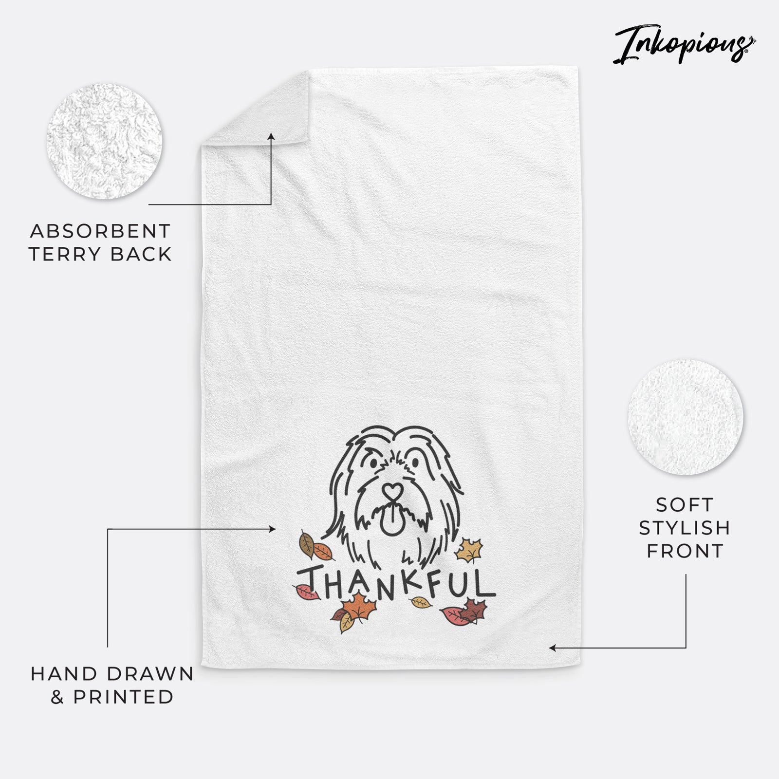 Minimalist line drawing of Tucker the Bearded Collie with 'Thankful' lettering on a decorative hand towel
