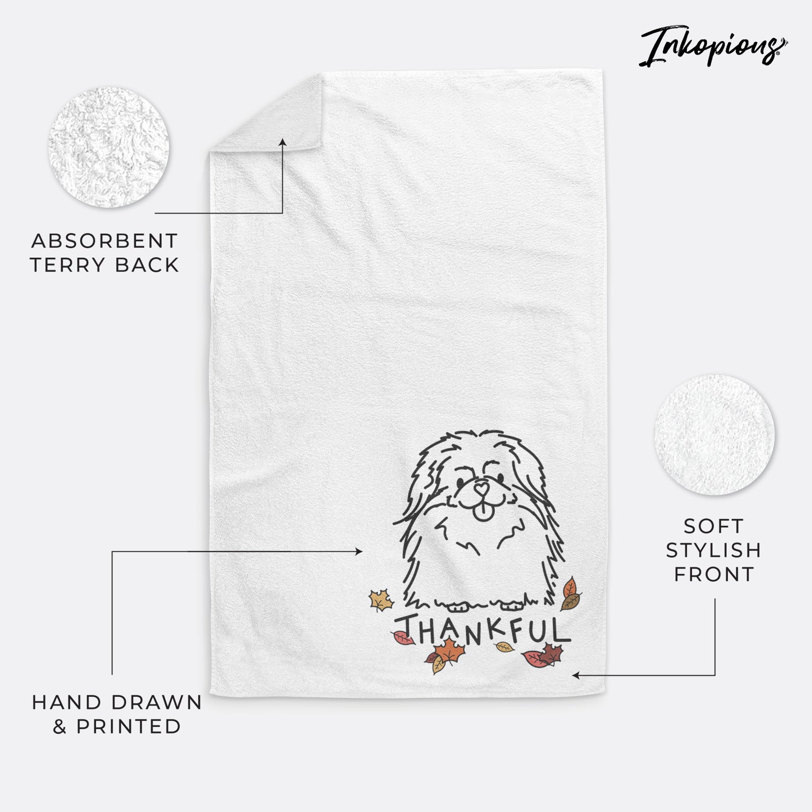 Minimalist line drawing of Viv the Pekingese with 'Thankful' lettering on a decorative hand towel