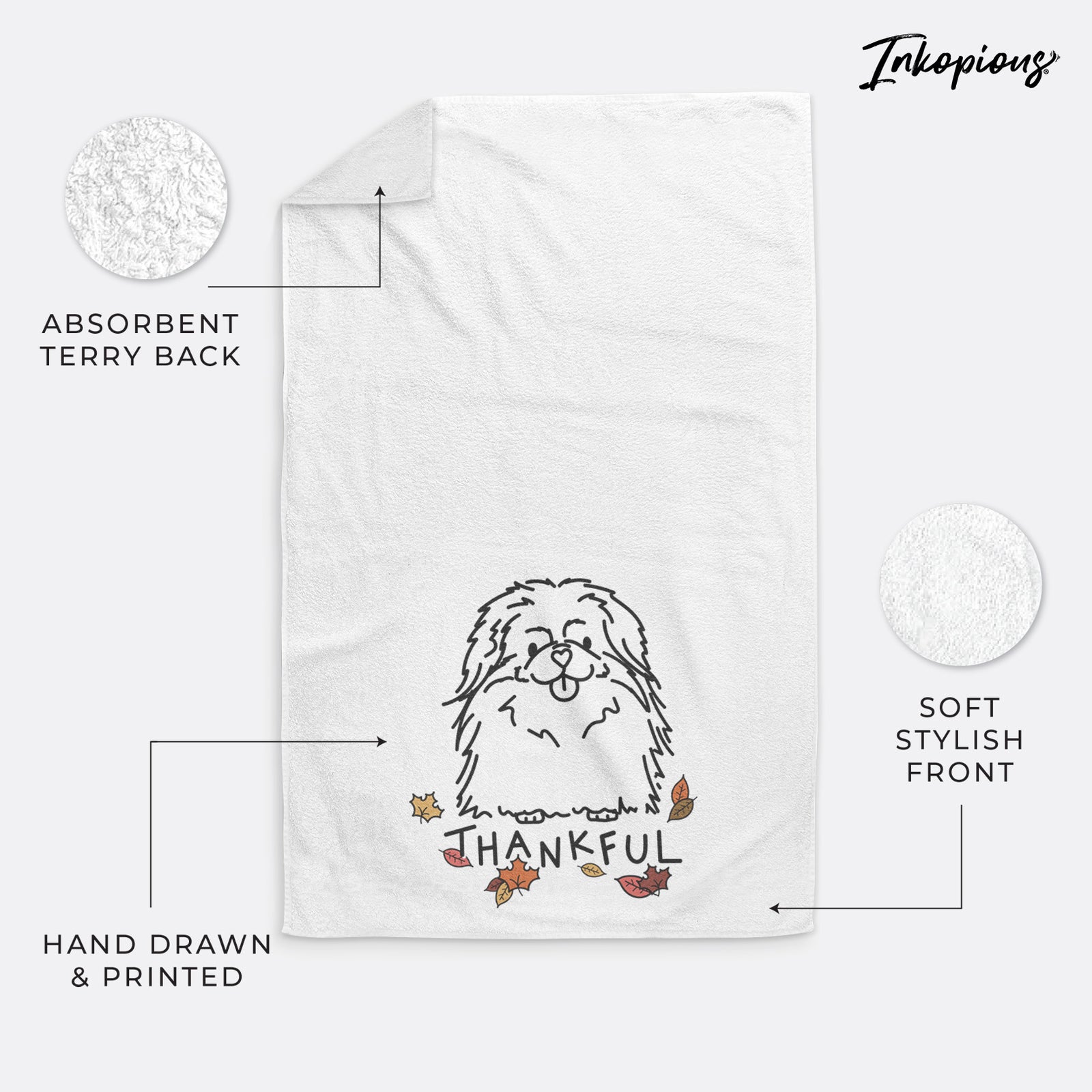 Minimalist line drawing of Viv the Pekingese with 'Thankful' lettering on a decorative hand towel