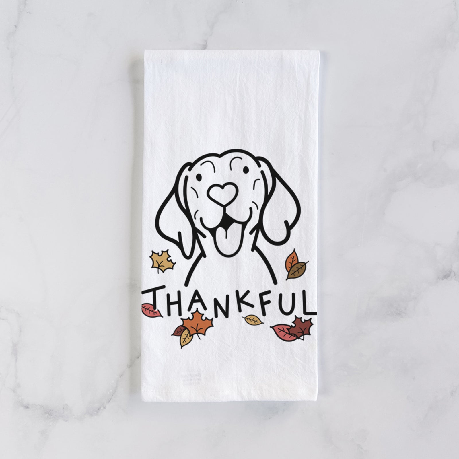 Minimalist line drawing of a Vizsla with 'Thankful' lettering on a tea towel