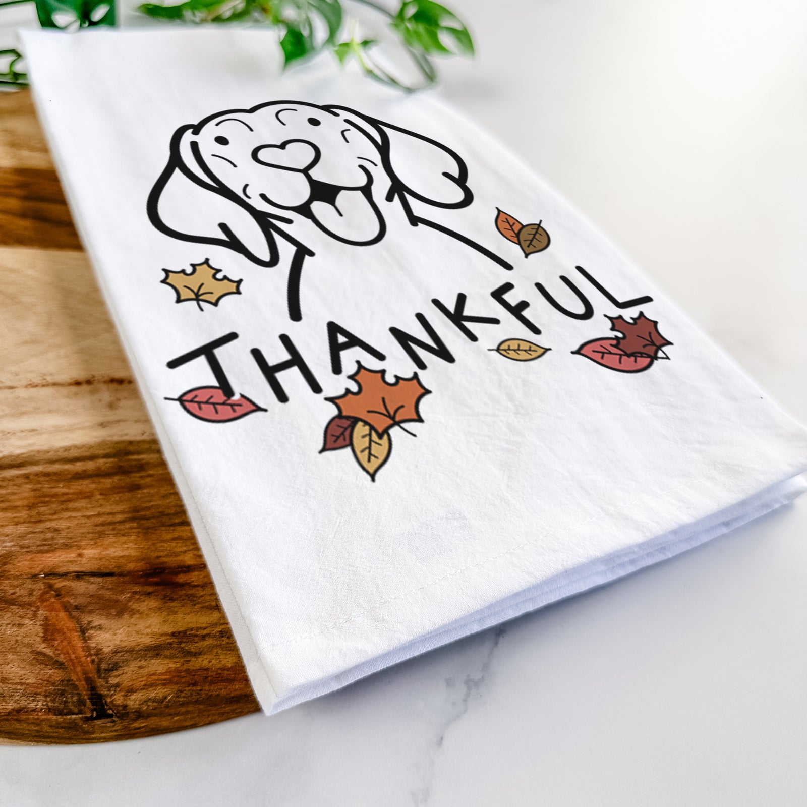 Minimalist line drawing of a Vizsla with 'Thankful' lettering on a tea towel