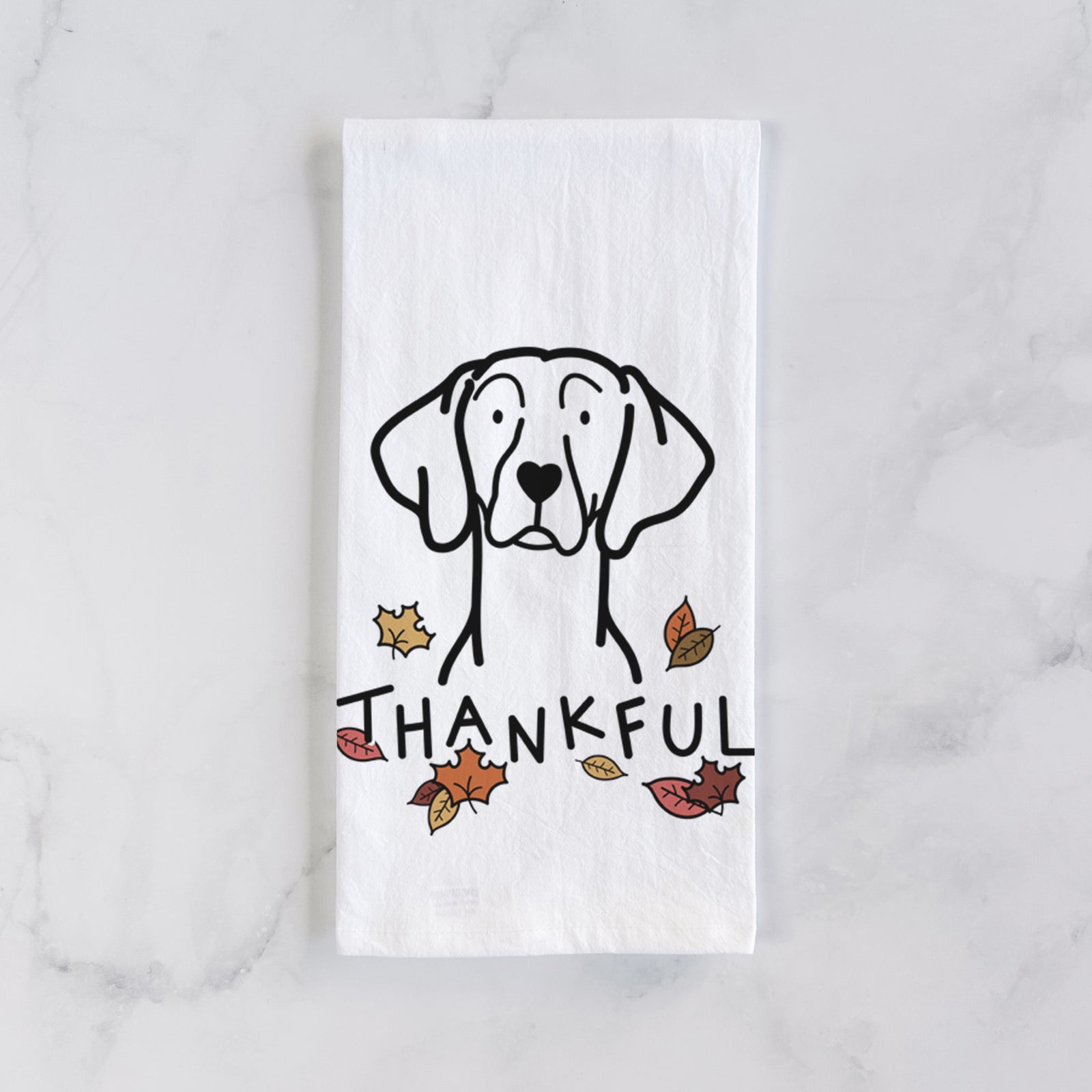 Minimalist line drawing of a Weimaraner with 'Thankful' lettering on a tea towel