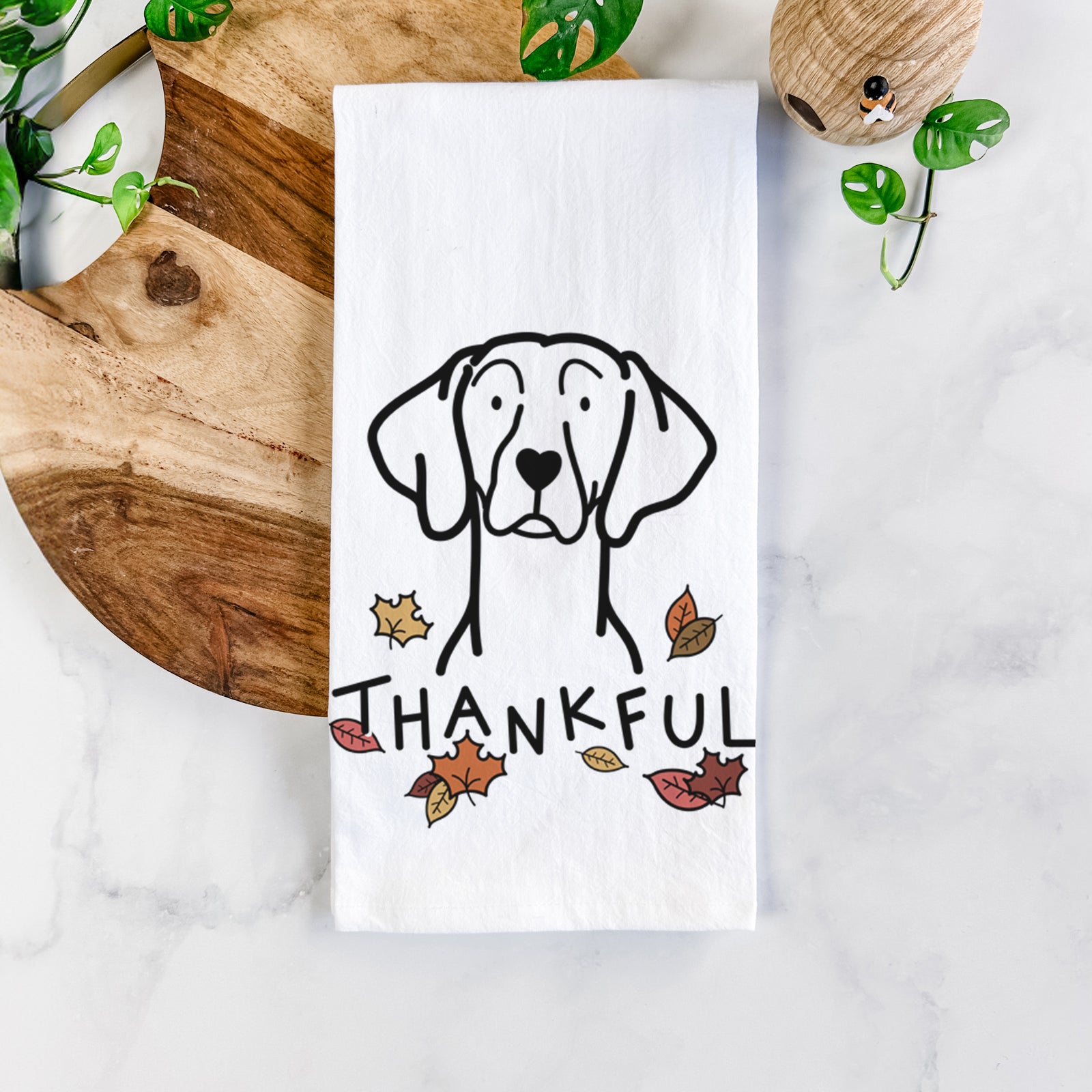 Minimalist line drawing of a Weimaraner with 'Thankful' lettering on a tea towel