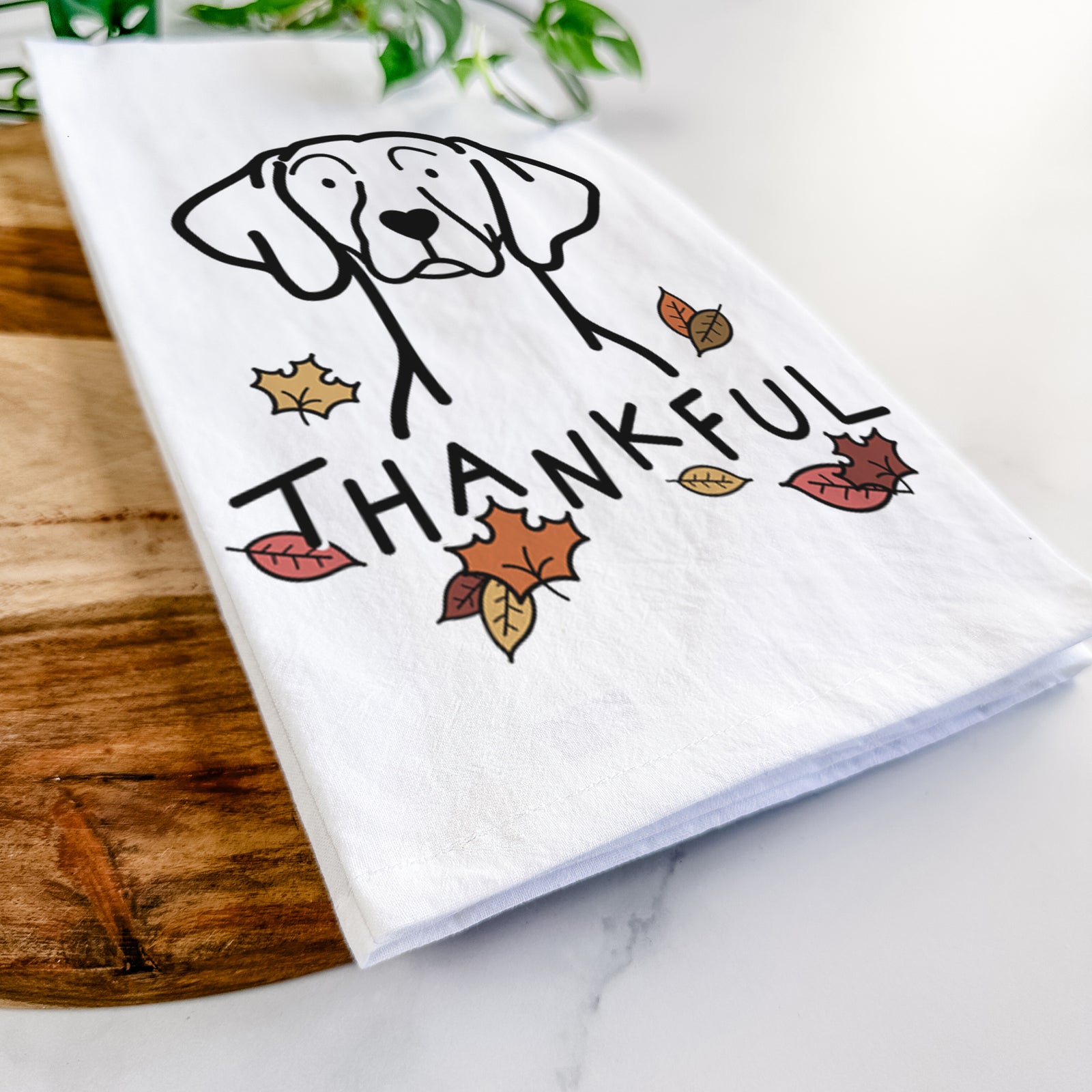 Minimalist line drawing of a Weimaraner with 'Thankful' lettering on a tea towel