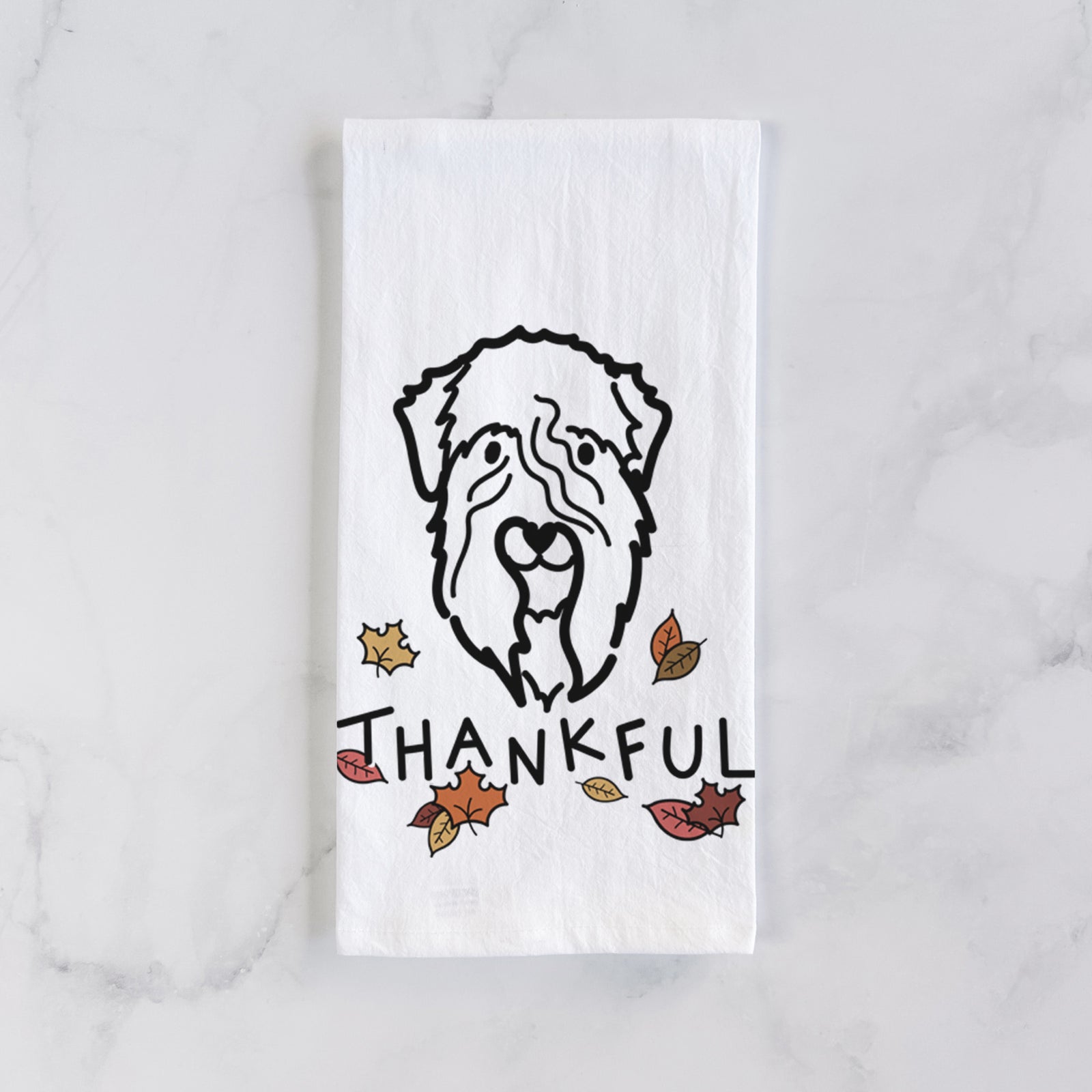 Minimalist line drawing of a Soft Coated Wheaten Terrier with 'Thankful' lettering on a tea towel