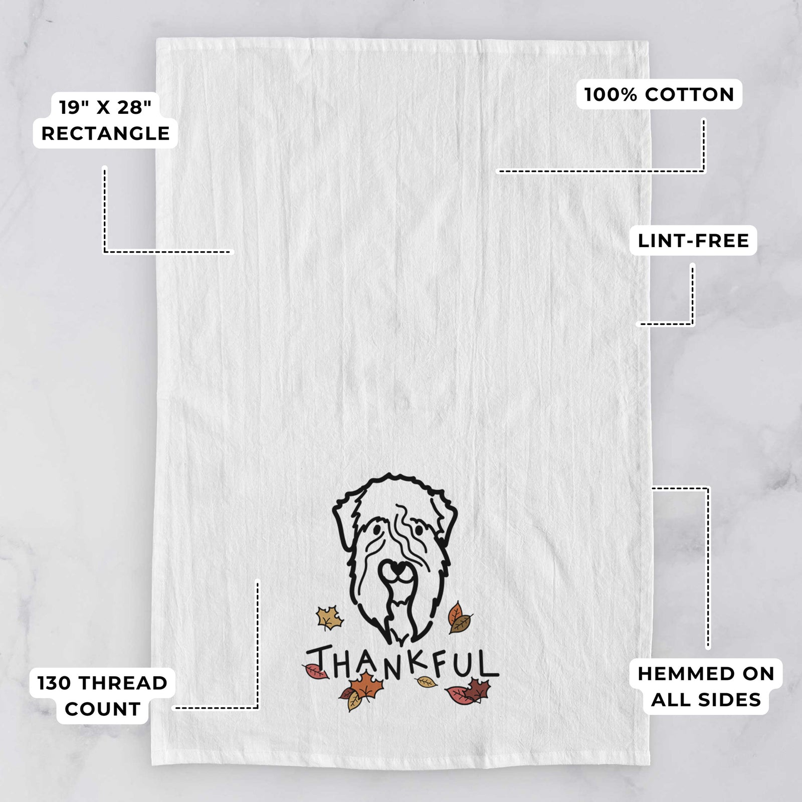 Minimalist line drawing of a Soft Coated Wheaten Terrier with 'Thankful' lettering on a tea towel, with feature callouts: 19 x 28 inch rectangle, 100% cotton, lint-free, 120 thread count, hemmed on all sides