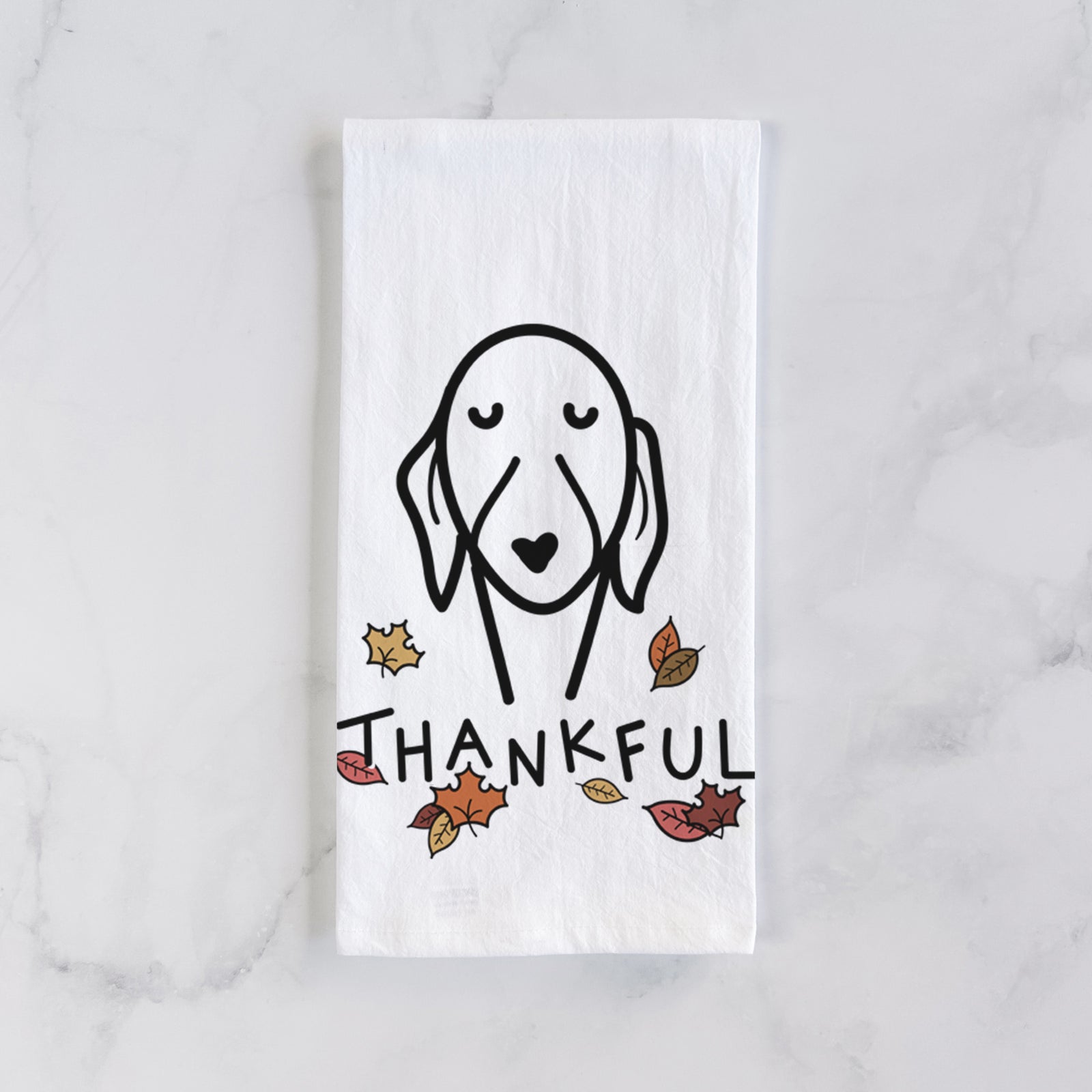 Minimalist line drawing of a Whippet with 'Thankful' lettering on a tea towel