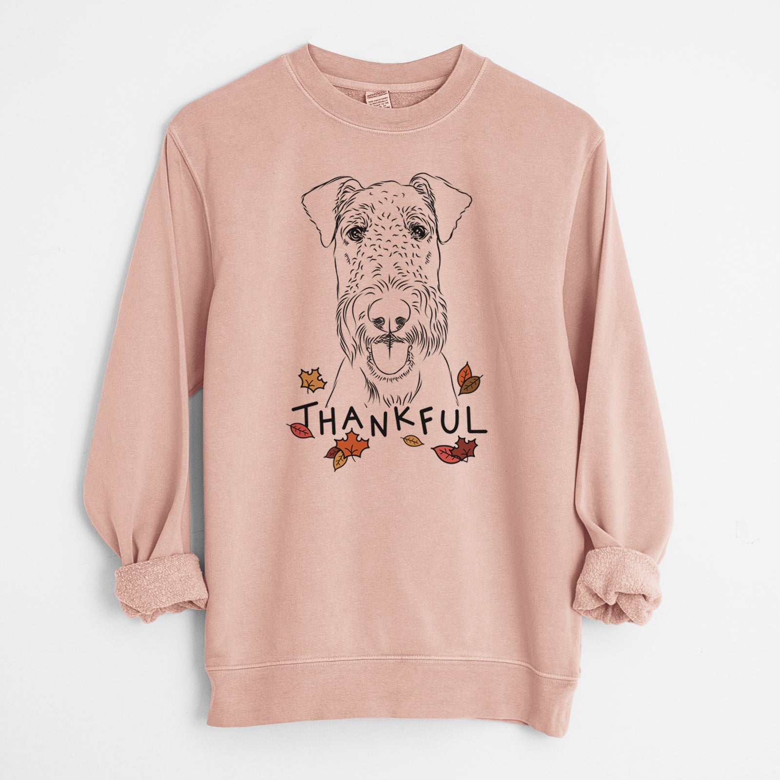 Hand-drawn sketch of Andy the Airedale Terrier with 'Thankful' lettering and autumn leaves on a Dusty Pink Unisex pigment dyed crew sweatshirt
