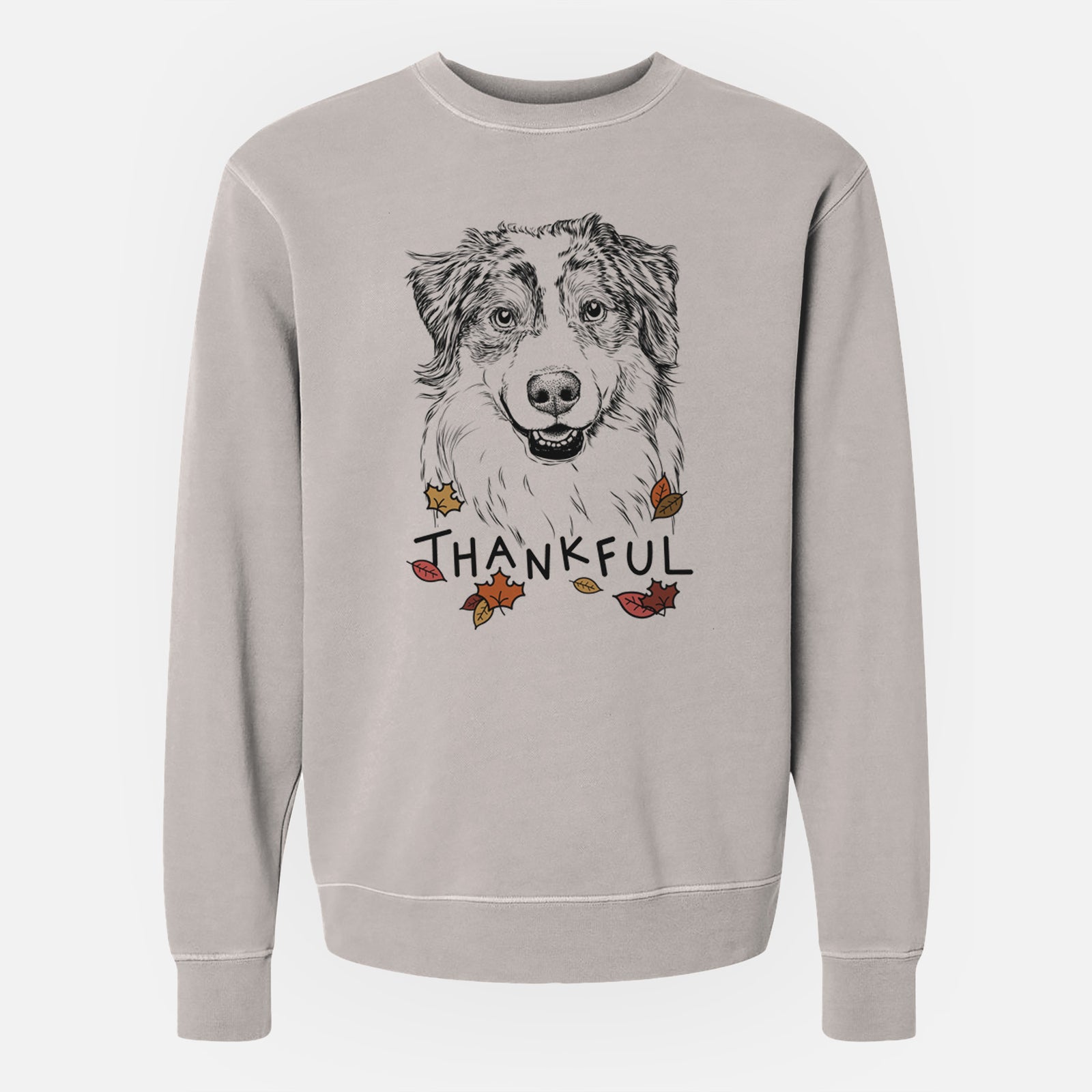 Hand-drawn sketch of Aonghus the Australian Shepherd with 'Thankful' lettering and autumn leaves on a Cement Unisex pigment dyed crew sweatshirt