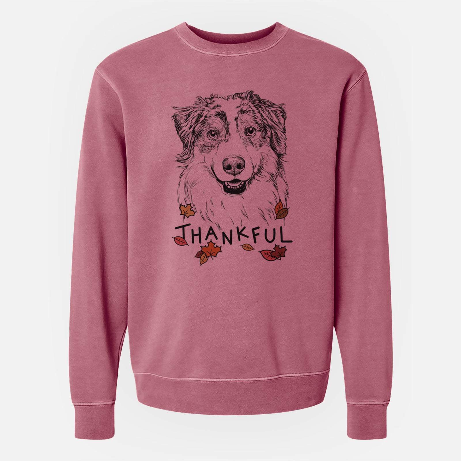 Hand-drawn sketch of Aonghus the Australian Shepherd with 'Thankful' lettering and autumn leaves on a Maroon Unisex pigment dyed crew sweatshirt