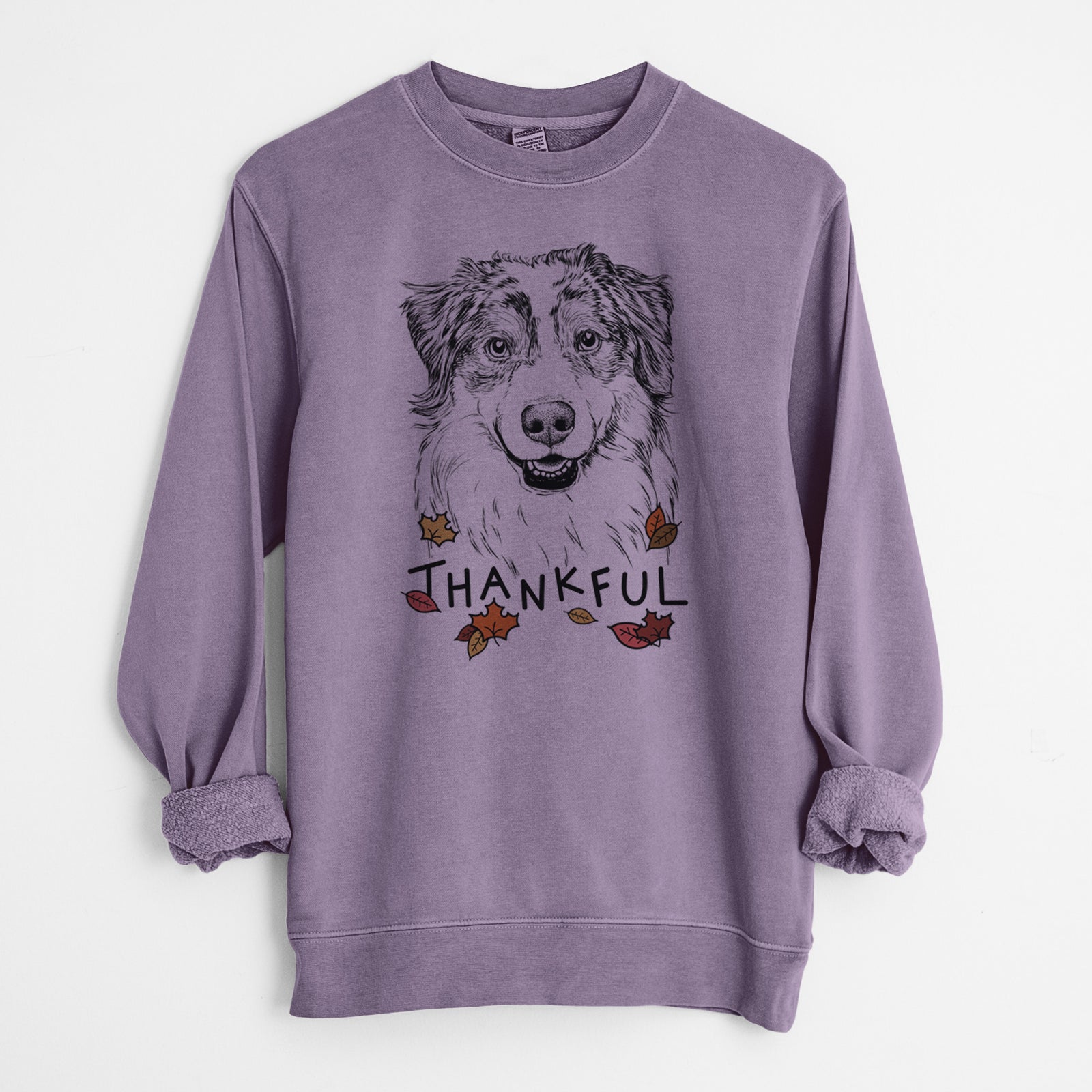 Hand-drawn sketch of Aonghus the Australian Shepherd with 'Thankful' lettering and autumn leaves on a Plum Unisex pigment dyed crew sweatshirt