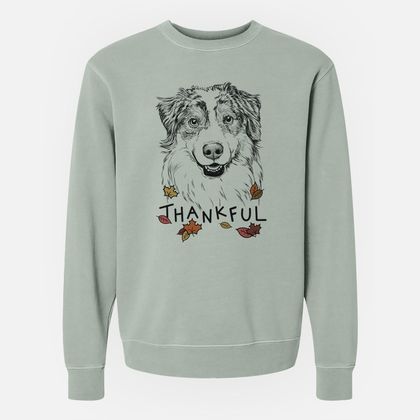 Hand-drawn sketch of Aonghus the Australian Shepherd with 'Thankful' lettering and autumn leaves on a Sage Unisex pigment dyed crew sweatshirt
