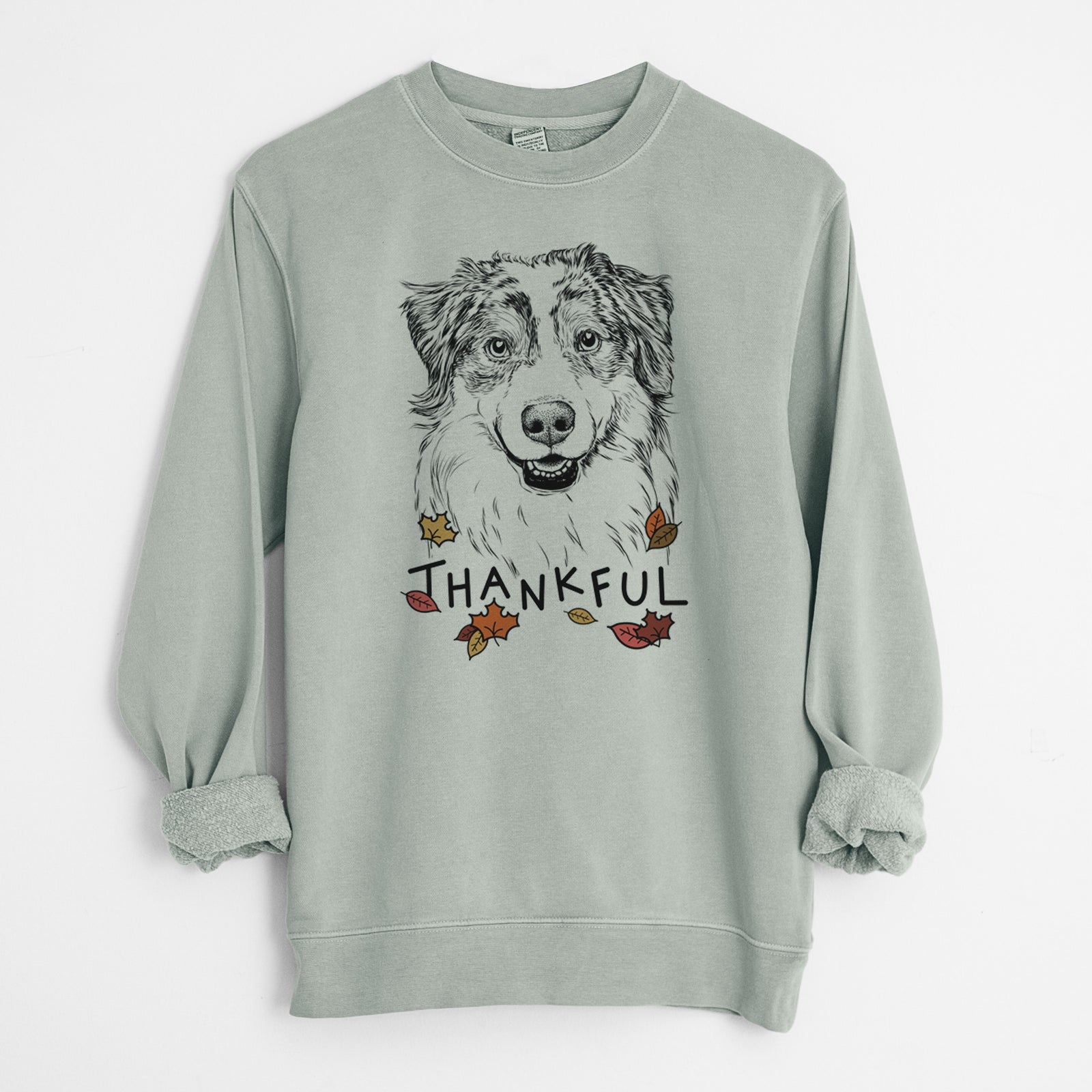 Hand-drawn sketch of Aonghus the Australian Shepherd with 'Thankful' lettering and autumn leaves on a Sage Unisex pigment dyed crew sweatshirt