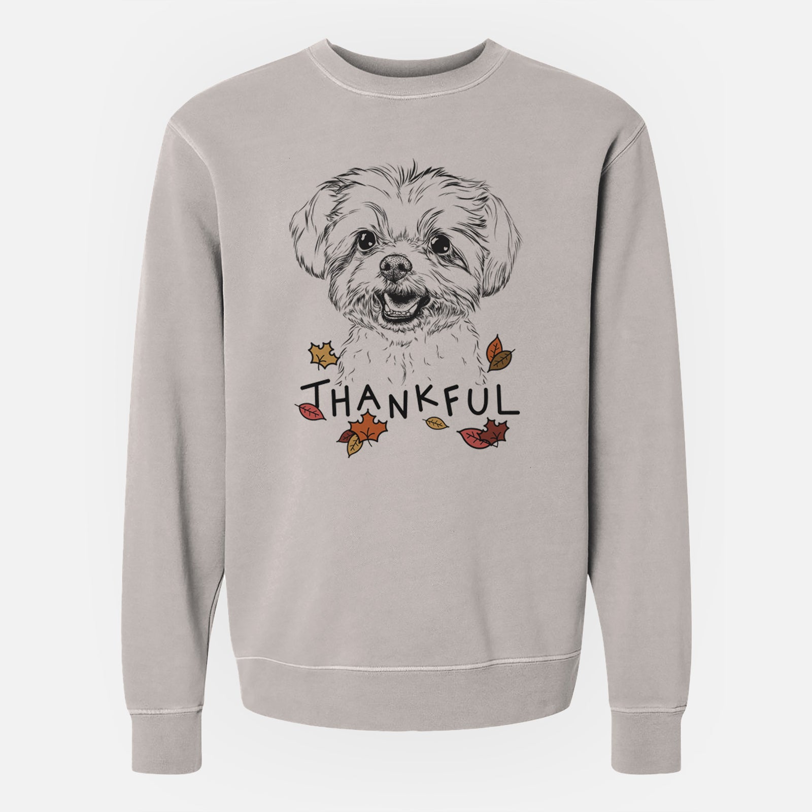 Hand-drawn sketch of Aspen the Morkie with 'Thankful' lettering and autumn leaves on a Cement Unisex pigment dyed crew sweatshirt