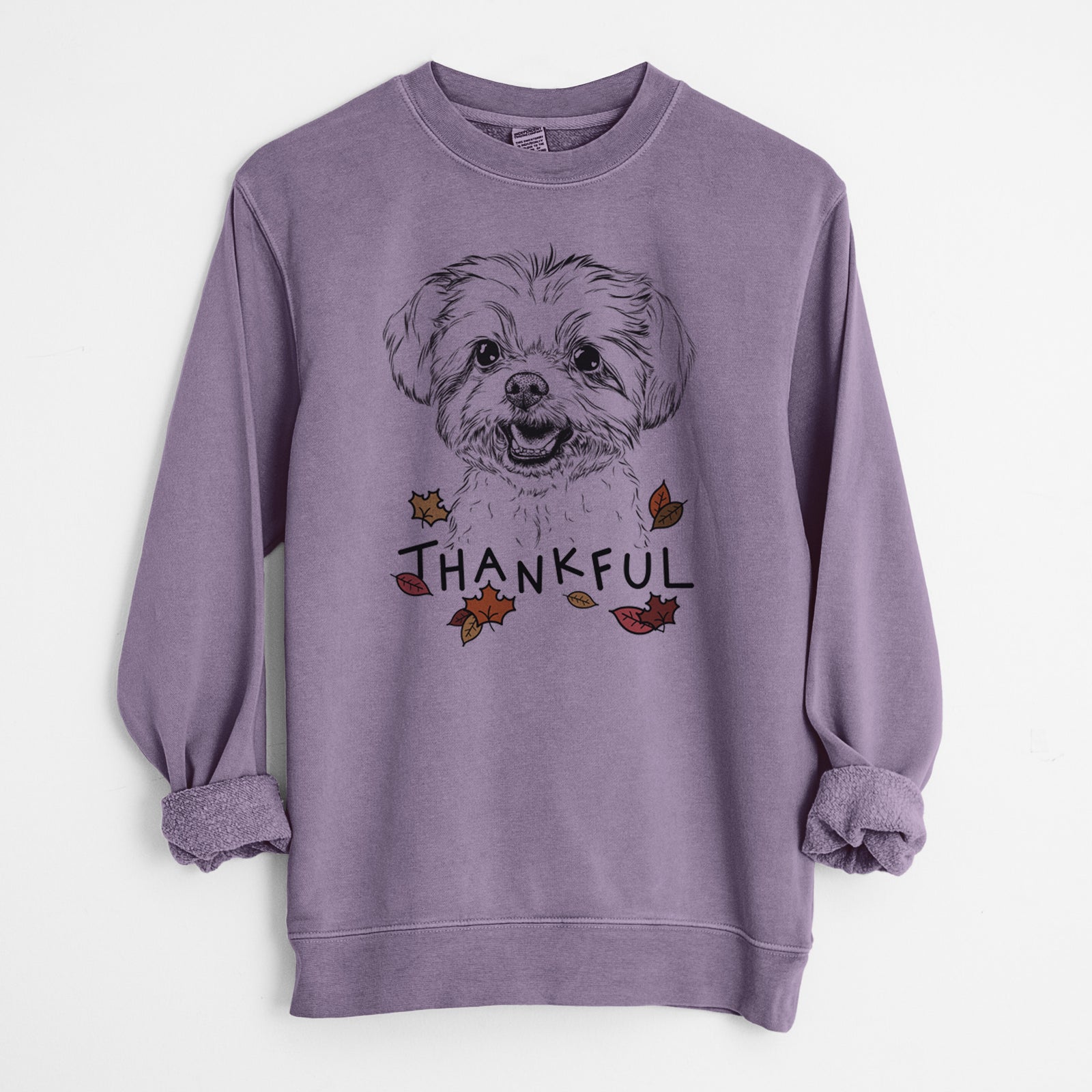 Hand-drawn sketch of Aspen the Morkie with 'Thankful' lettering and autumn leaves on a Plum Unisex pigment dyed crew sweatshirt