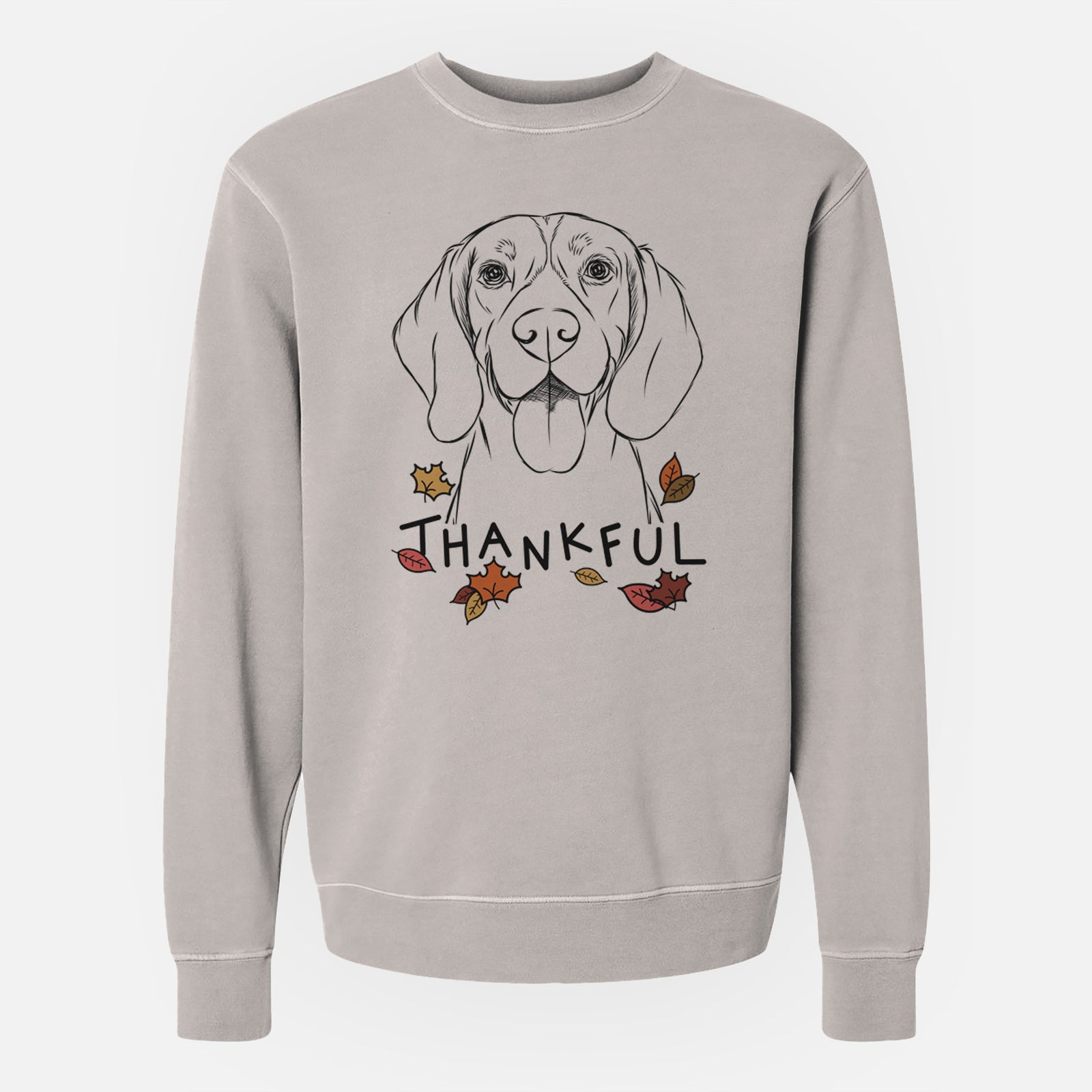 Hand-drawn sketch of Bogie the Beagle with 'Thankful' lettering and autumn leaves on a Cement Unisex pigment dyed crew sweatshirt
