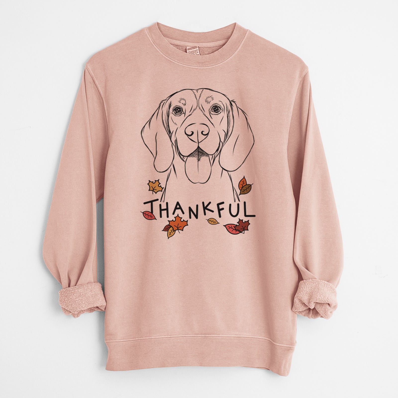 Hand-drawn sketch of Bogie the Beagle with 'Thankful' lettering and autumn leaves on a Dusty Pink Unisex pigment dyed crew sweatshirt