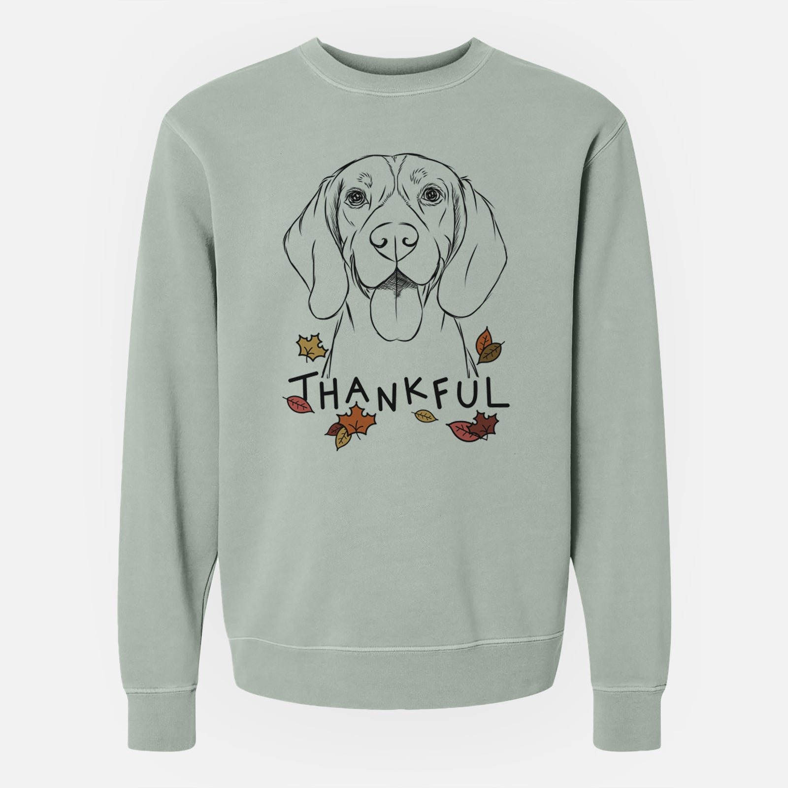 Hand-drawn sketch of Bogie the Beagle with 'Thankful' lettering and autumn leaves on a Sage Unisex pigment dyed crew sweatshirt