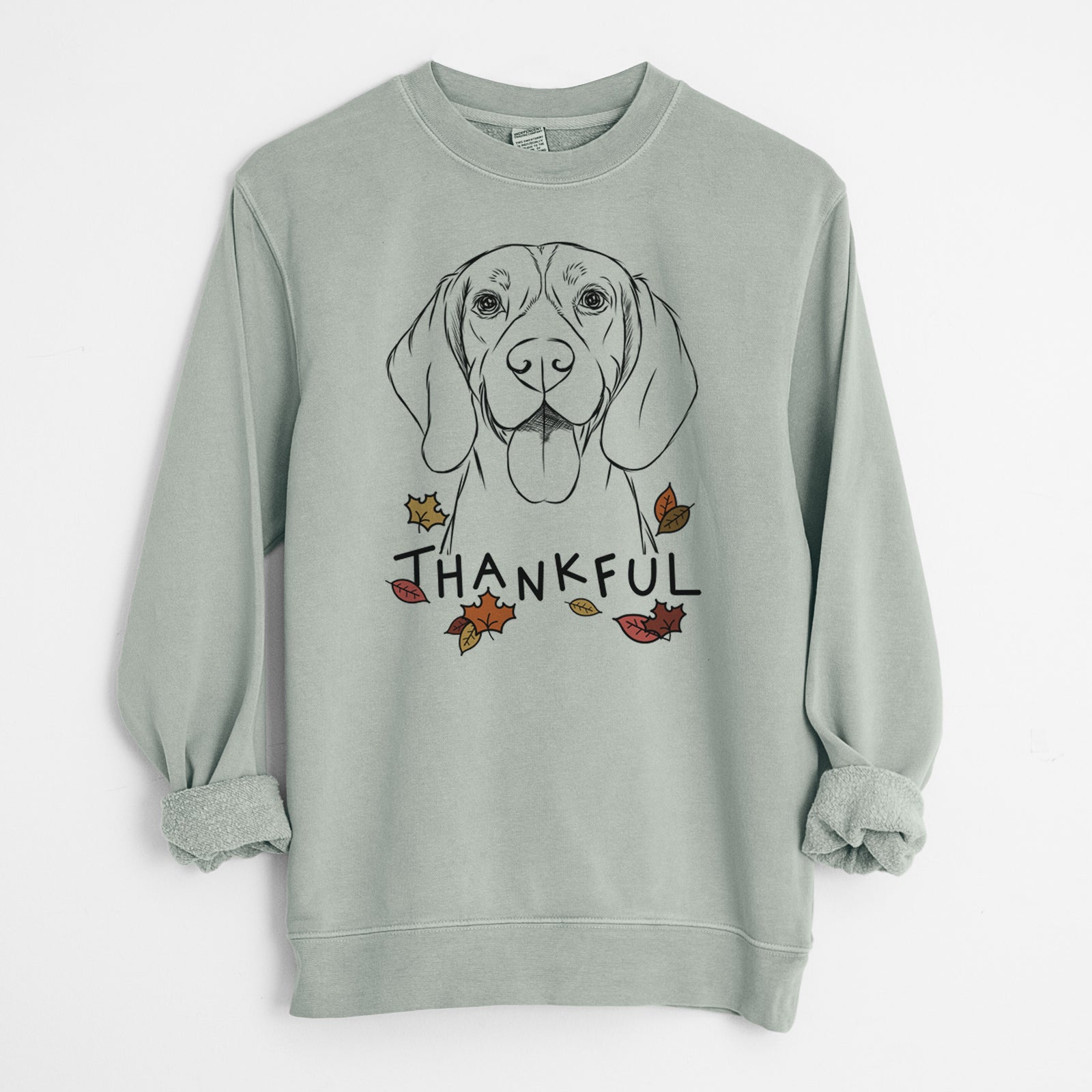Hand-drawn sketch of Bogie the Beagle with 'Thankful' lettering and autumn leaves on a Sage Unisex pigment dyed crew sweatshirt