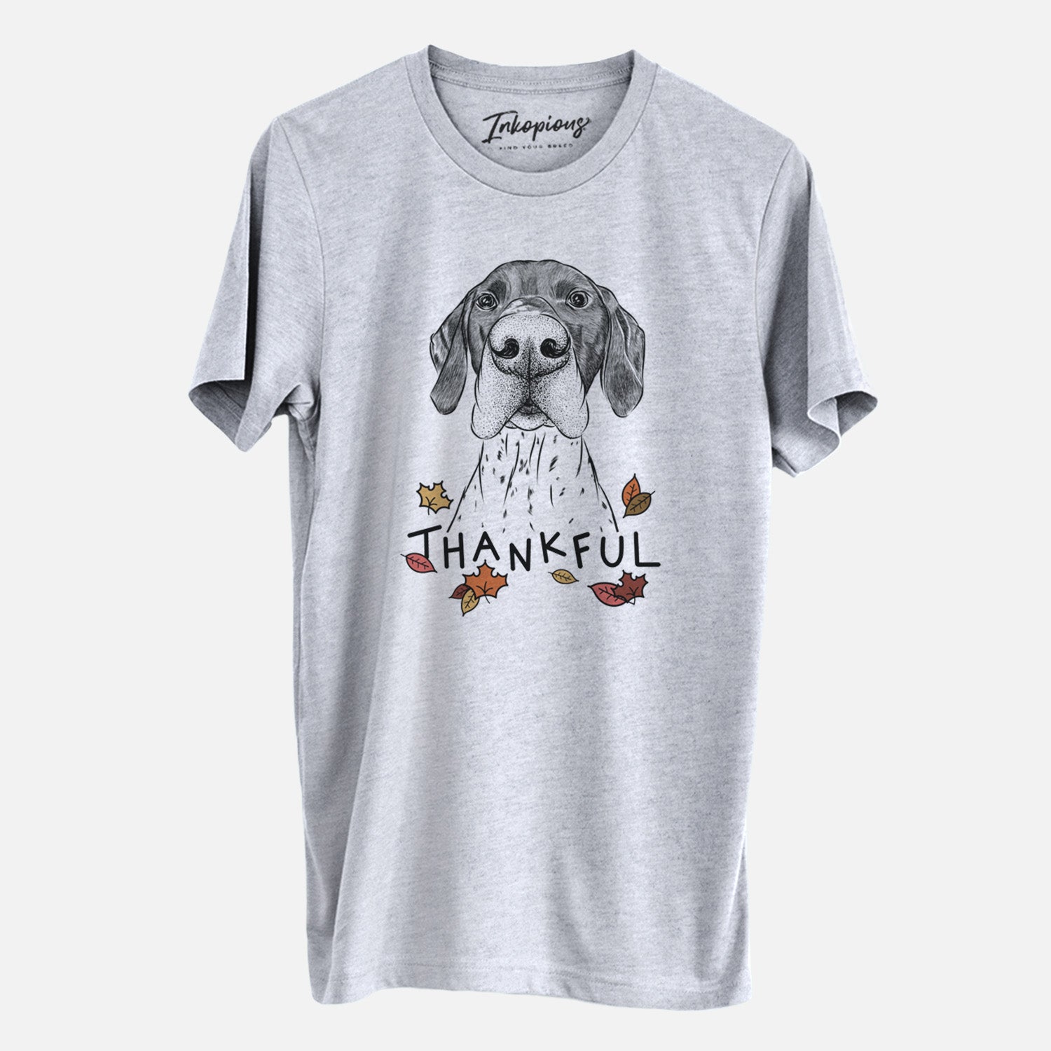 Hand-drawn sketch of Booze the German Shorthaired Pointer with 'Thankful' lettering and autumn leaves on a Grey Unisex crewneck
