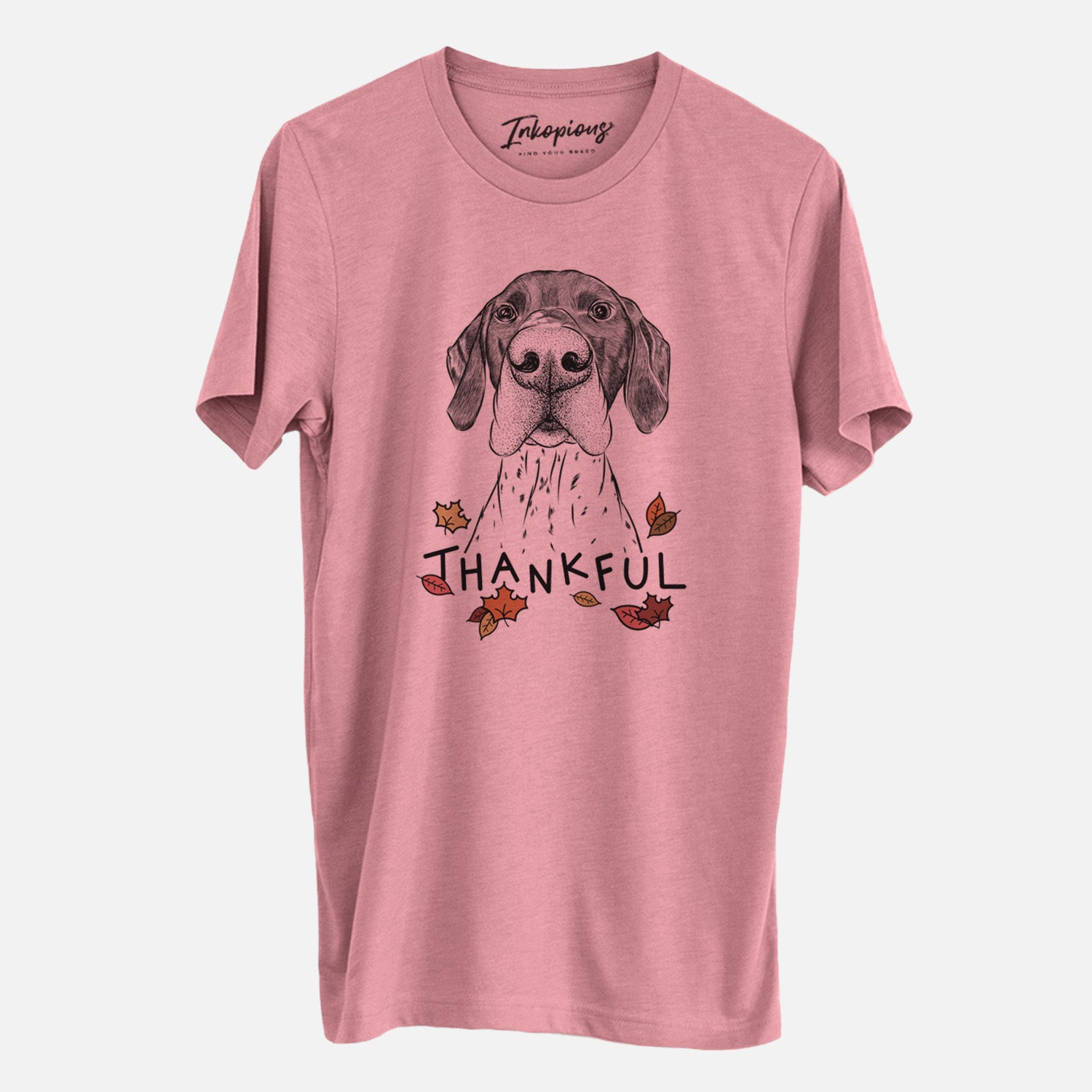 Hand-drawn sketch of Booze the German Shorthaired Pointer with 'Thankful' lettering and autumn leaves on a Mauve Unisex crewneck