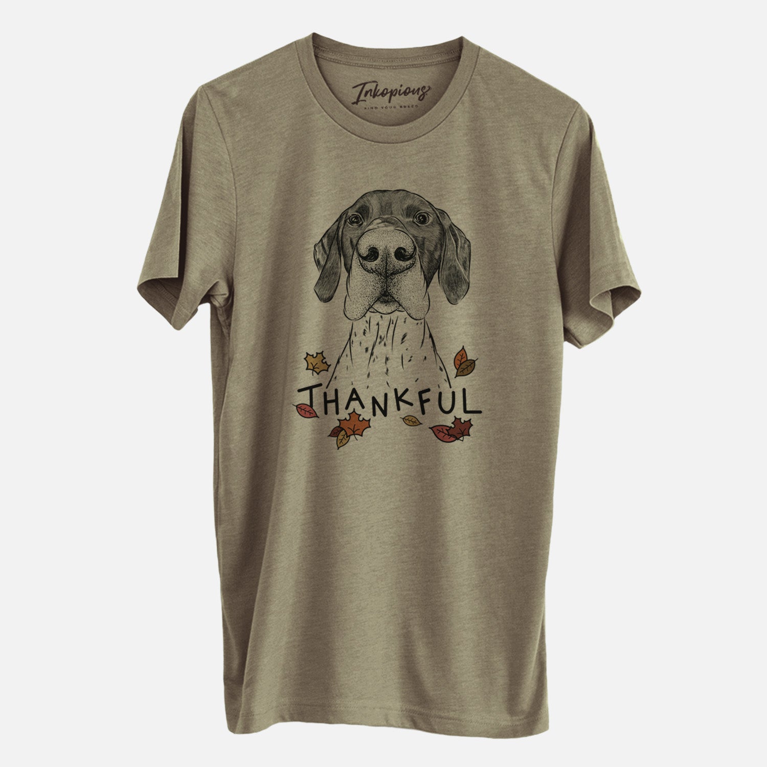 Hand-drawn sketch of Booze the German Shorthaired Pointer with 'Thankful' lettering and autumn leaves on an Olive Unisex crewneck