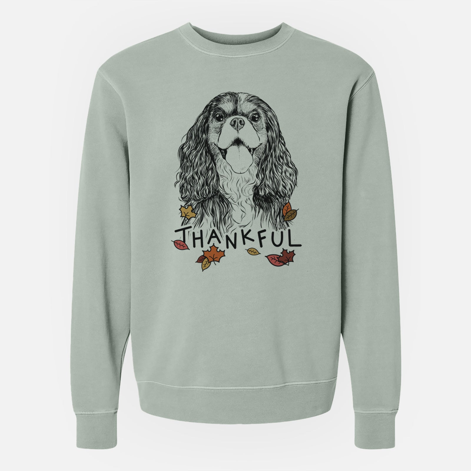 Hand-drawn sketch of Brandy the Cavalier King Charles Spaniel with 'Thankful' lettering and autumn leaves on a Sage Unisex pigment dyed crew sweatshirt
