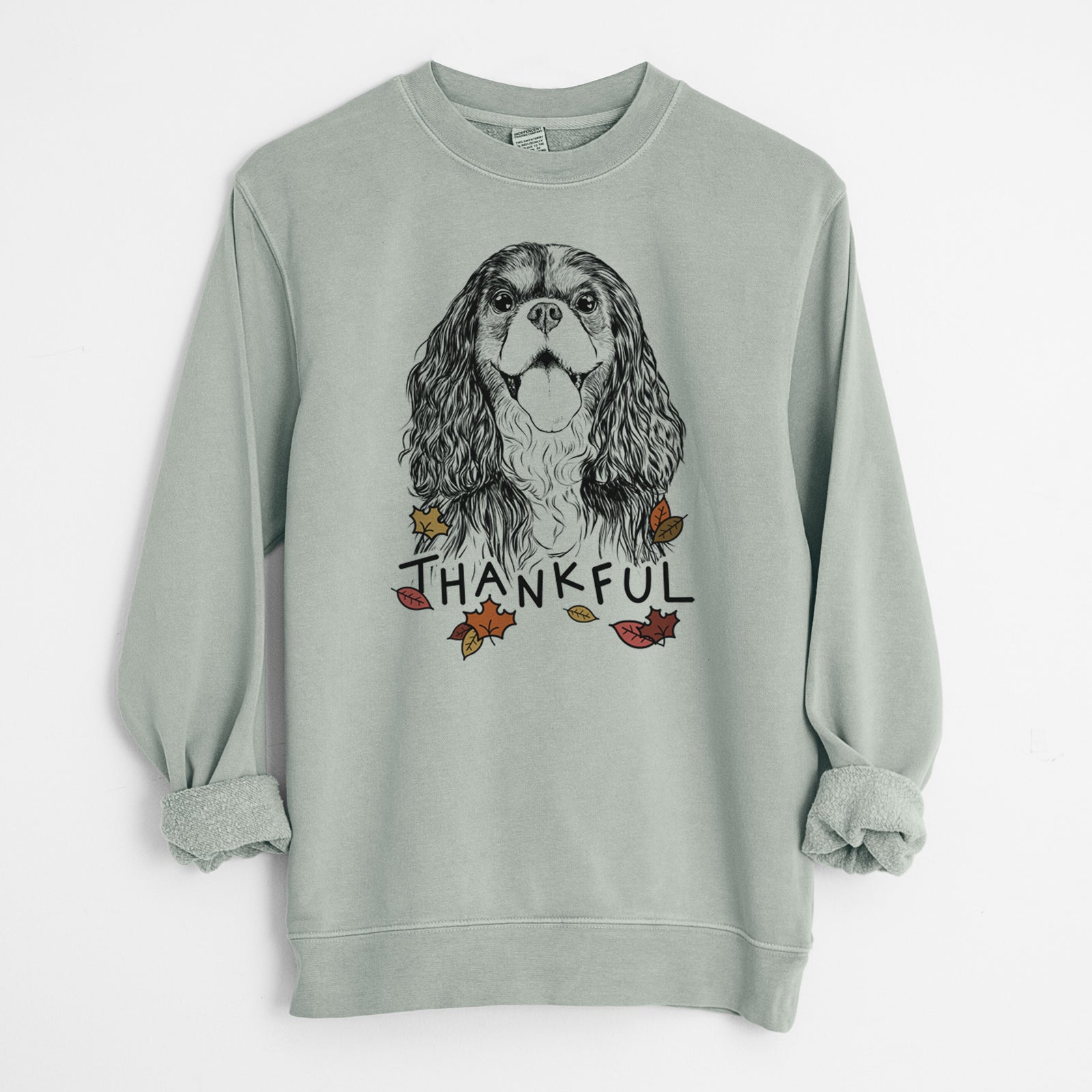 Hand-drawn sketch of Brandy the Cavalier King Charles Spaniel with 'Thankful' lettering and autumn leaves on a Sage Unisex pigment dyed crew sweatshirt