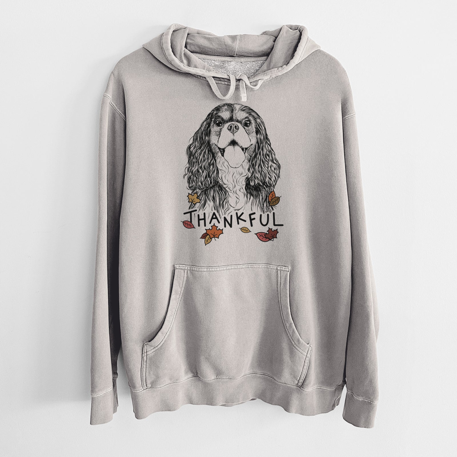 Hand-drawn sketch of Brandy the Cavalier King Charles Spaniel with 'Thankful' lettering and autumn leaves on a Cement Unisex pigment dyed hoodie