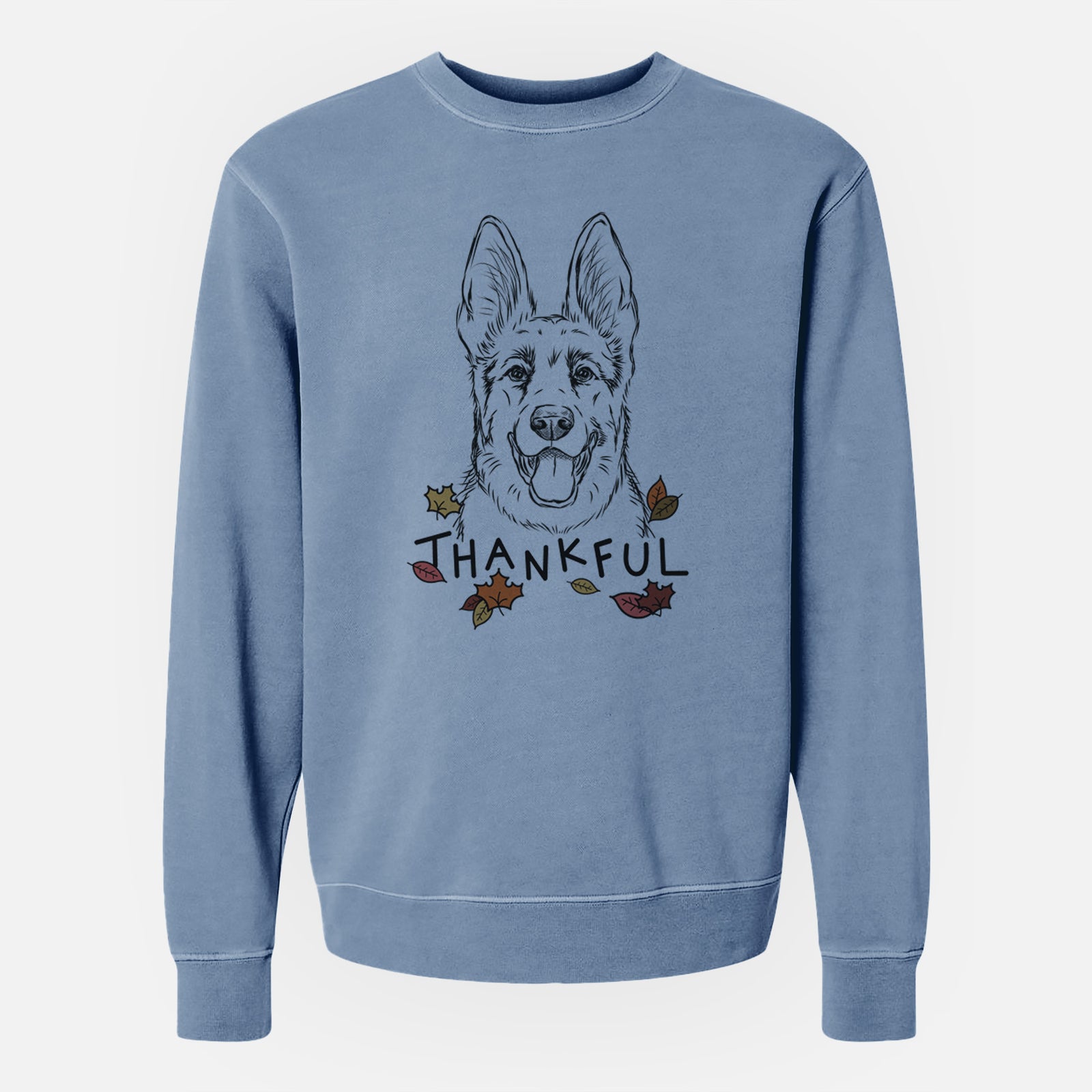 Hand-drawn sketch of Brutus the German Shepherd with 'Thankful' lettering and autumn leaves on a Slate Blue Unisex pigment dyed crew sweatshirt