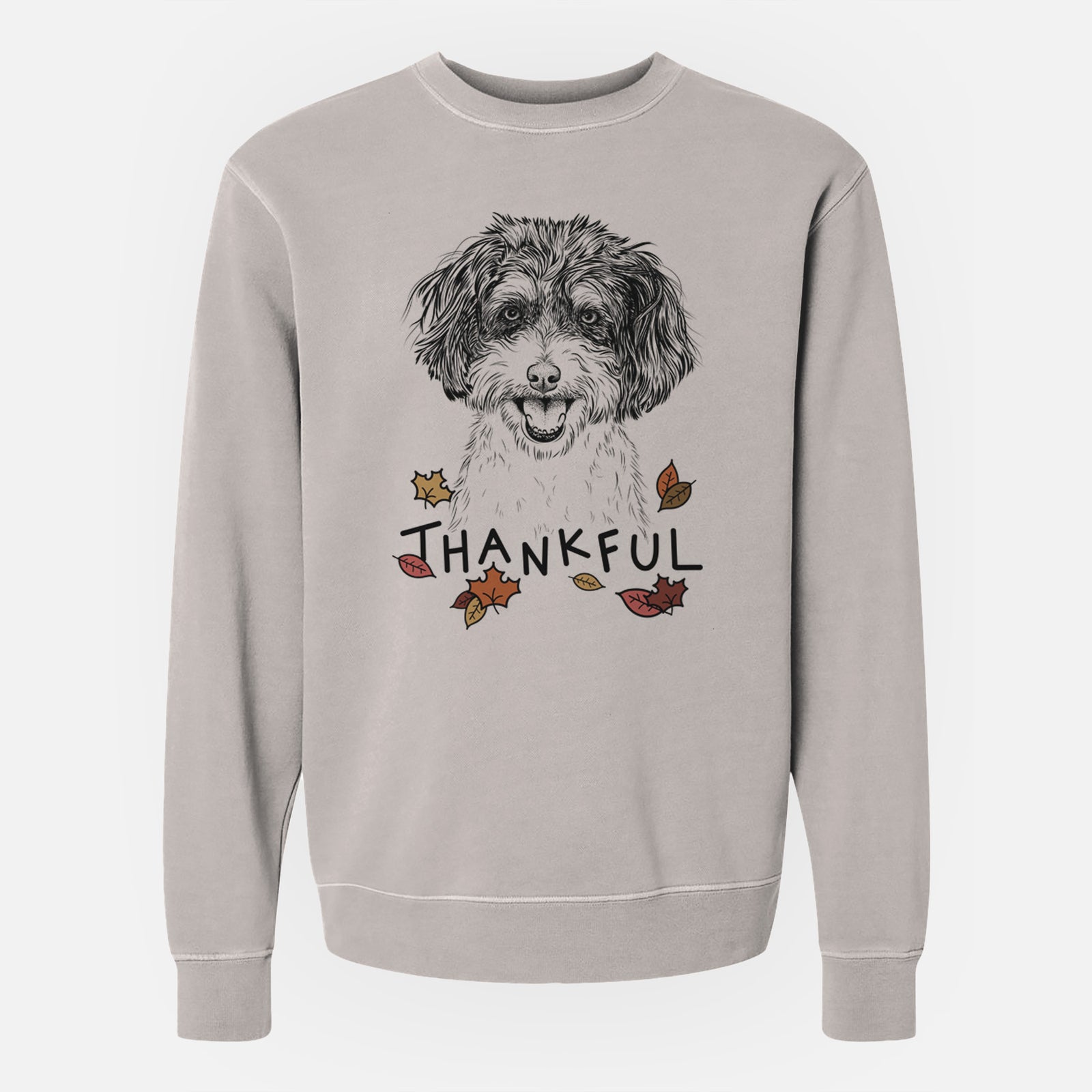 Hand-drawn sketch of Carlos the Cavapoo with 'Thankful' lettering and autumn leaves on a Cement Unisex pigment dyed crew sweatshirt