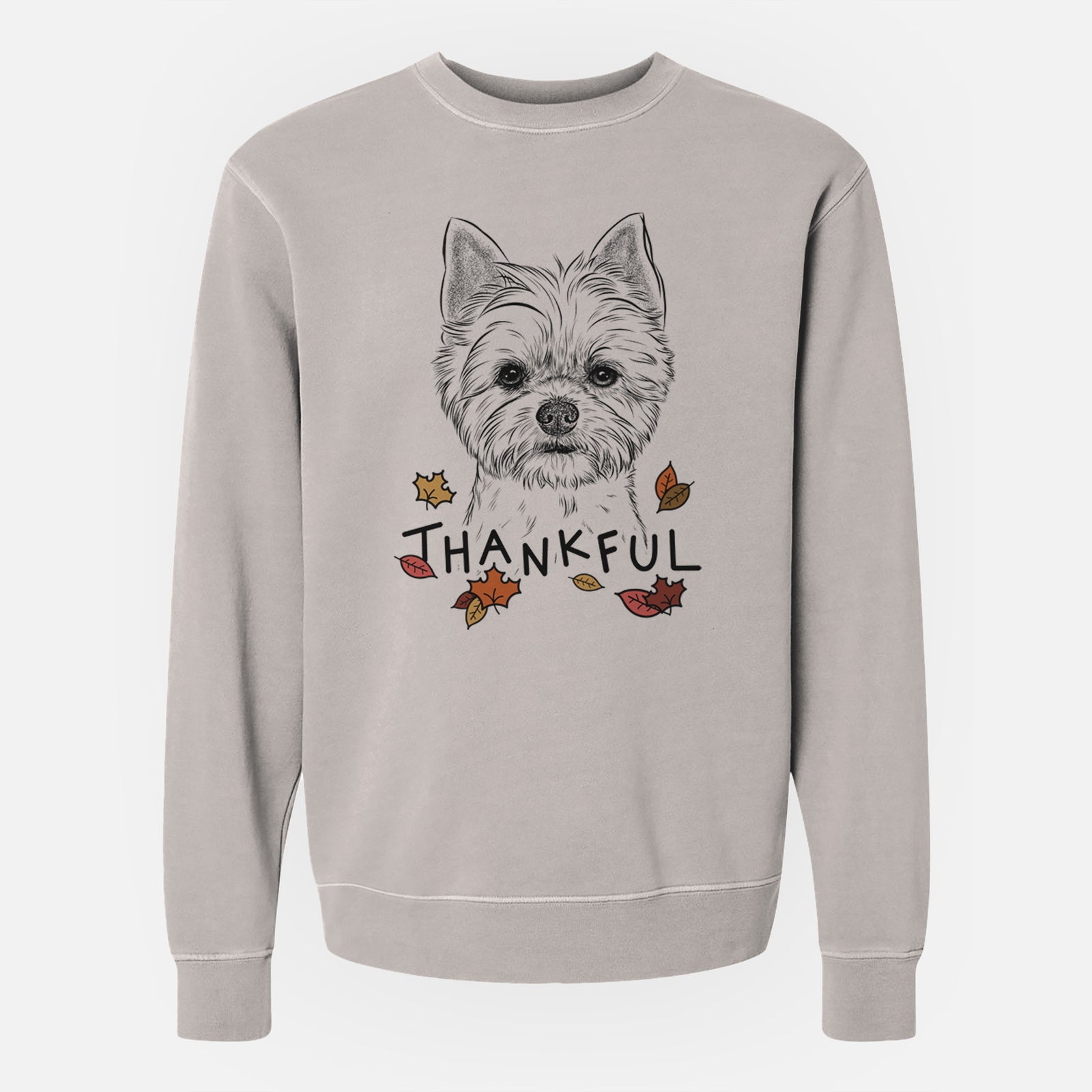 Hand-drawn sketch of Chewy the Yorkshire Terrier with 'Thankful' lettering and autumn leaves on a Cement Unisex pigment dyed crew sweatshirt