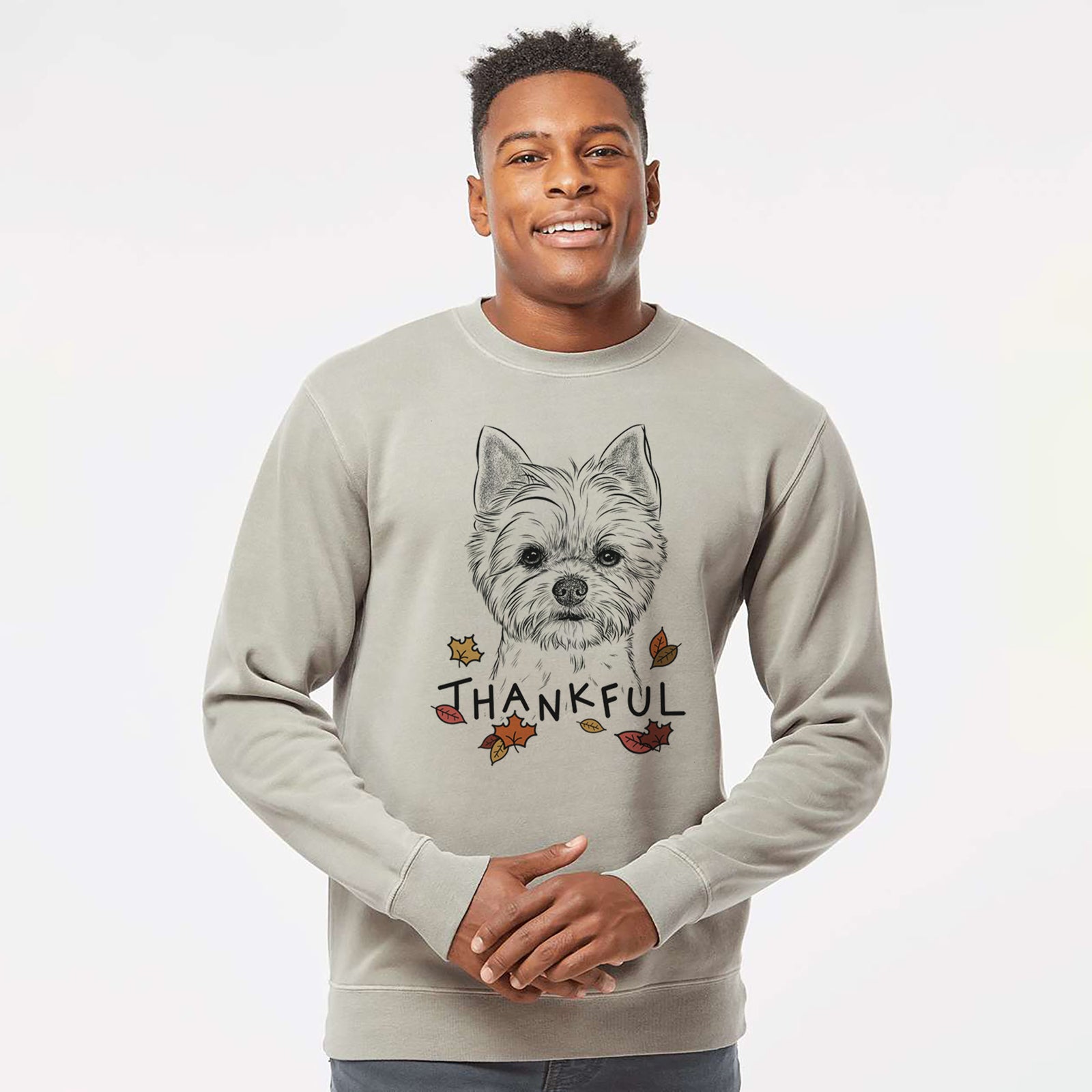 Hand-drawn sketch of Chewy the Yorkshire Terrier with 'Thankful' lettering and autumn leaves on a Cement Unisex pigment dyed crew sweatshirt