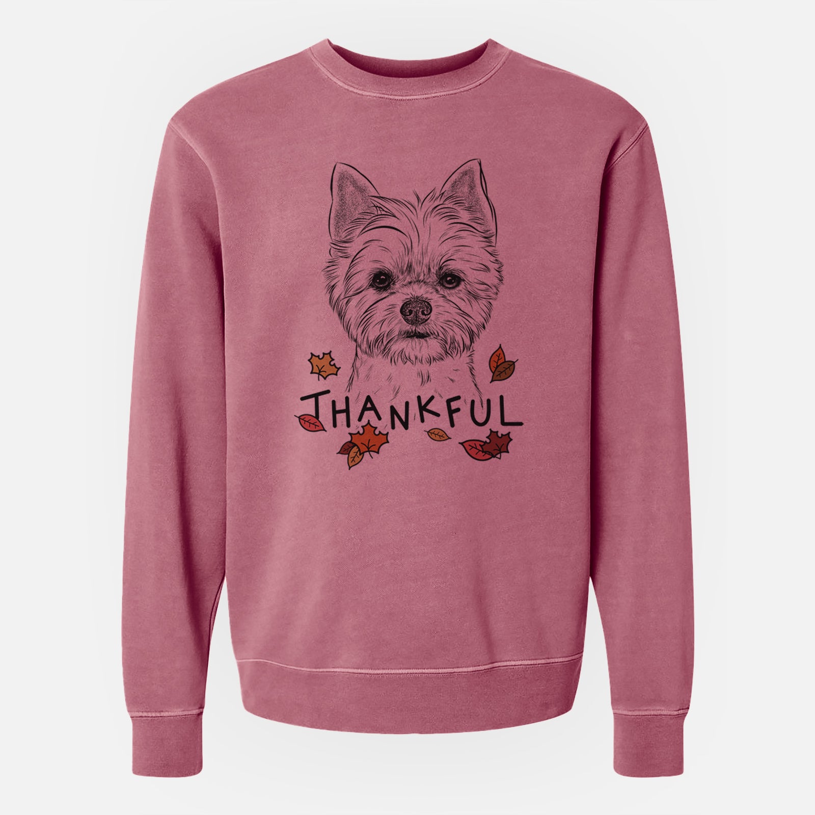 Hand-drawn sketch of Chewy the Yorkshire Terrier with 'Thankful' lettering and autumn leaves on a Maroon Unisex pigment dyed crew sweatshirt