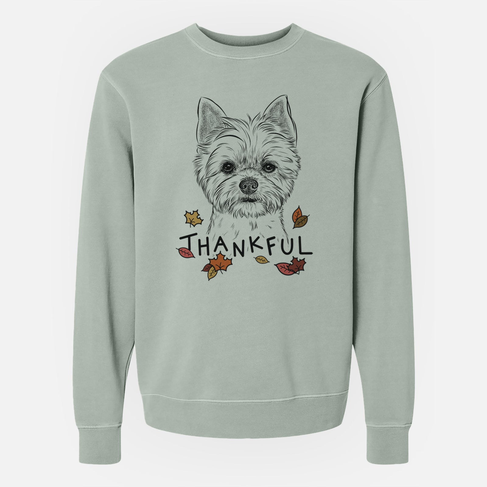 Hand-drawn sketch of Chewy the Yorkshire Terrier with 'Thankful' lettering and autumn leaves on a Sage Unisex pigment dyed crew sweatshirt