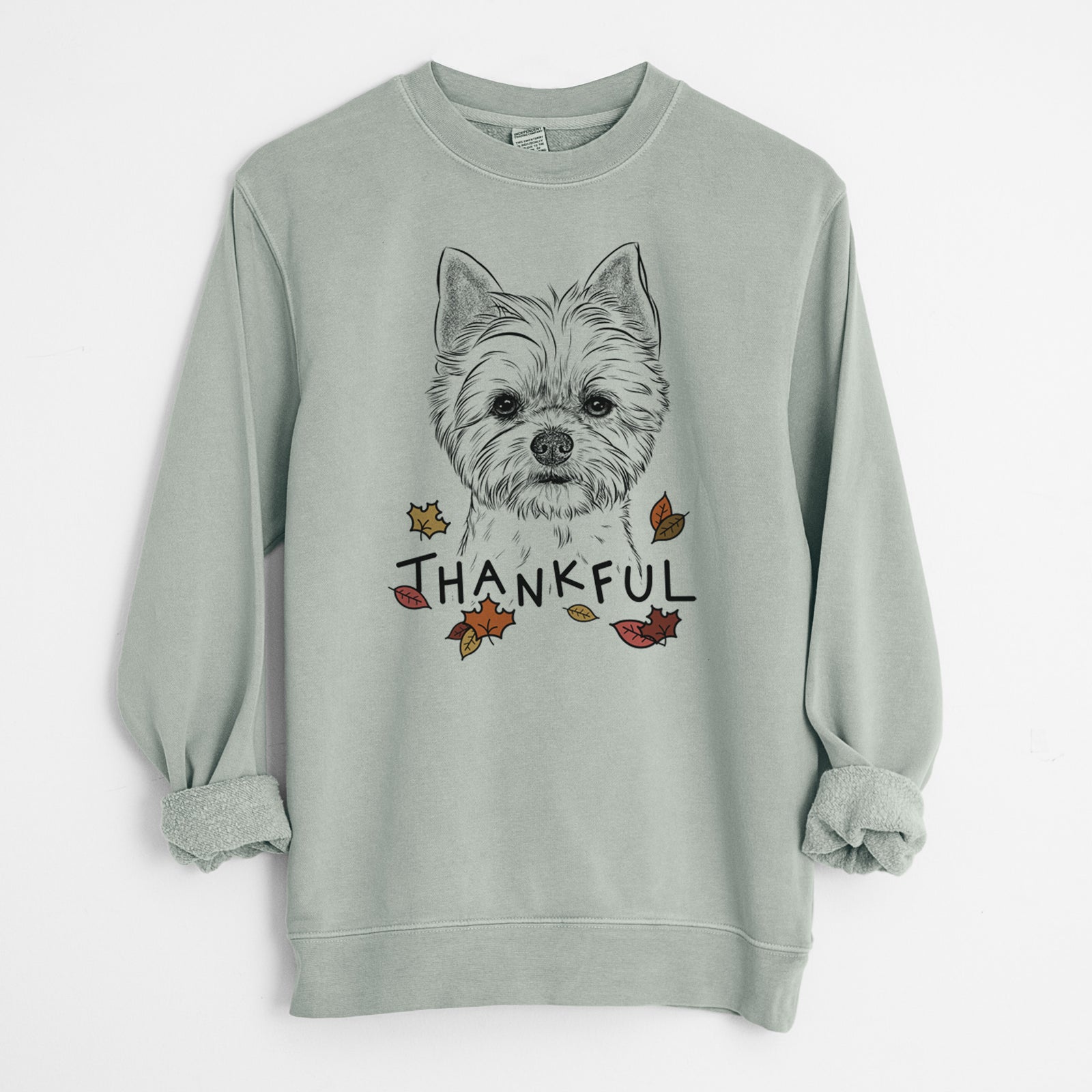 Hand-drawn sketch of Chewy the Yorkshire Terrier with 'Thankful' lettering and autumn leaves on a Sage Unisex pigment dyed crew sweatshirt