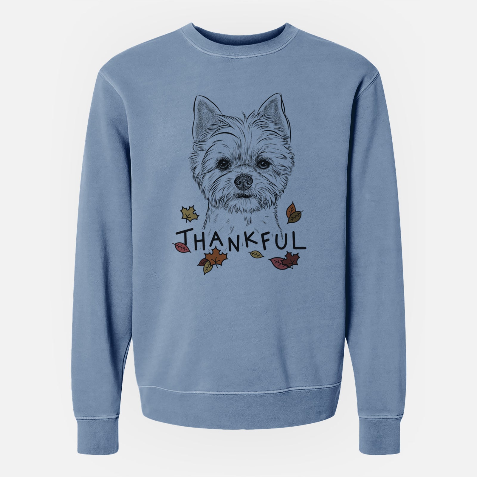 Hand-drawn sketch of Chewy the Yorkshire Terrier with 'Thankful' lettering and autumn leaves on a Slate Blue Unisex pigment dyed crew sweatshirt