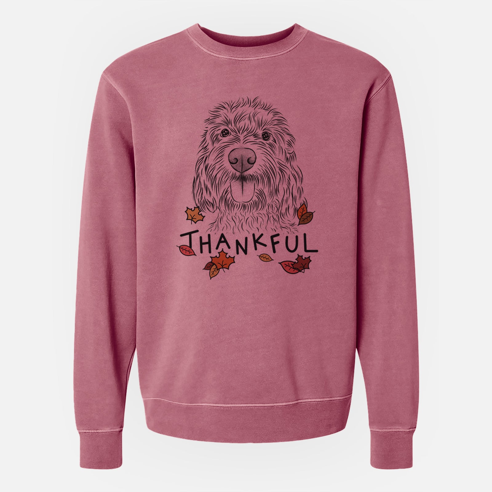 Hand-drawn sketch of Clover the Cockapoo with 'Thankful' lettering and autumn leaves on a Maroon Unisex pigment dyed crew sweatshirt