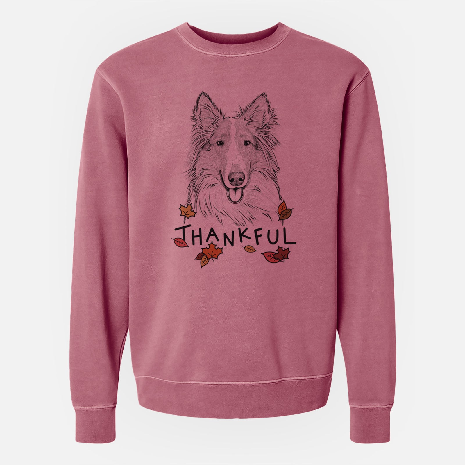 Hand-drawn sketch of Conrad the Rough Collie with 'Thankful' lettering and autumn leaves on a Maroon Unisex pigment dyed crew sweatshirt