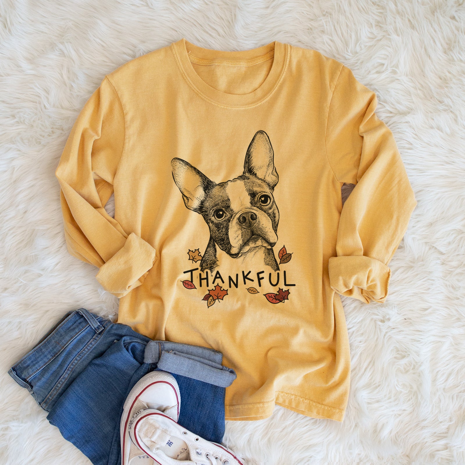 Thankful Dee Dee the Boston Terrier - Men's Heavyweight 100% Cotton Long Sleeve