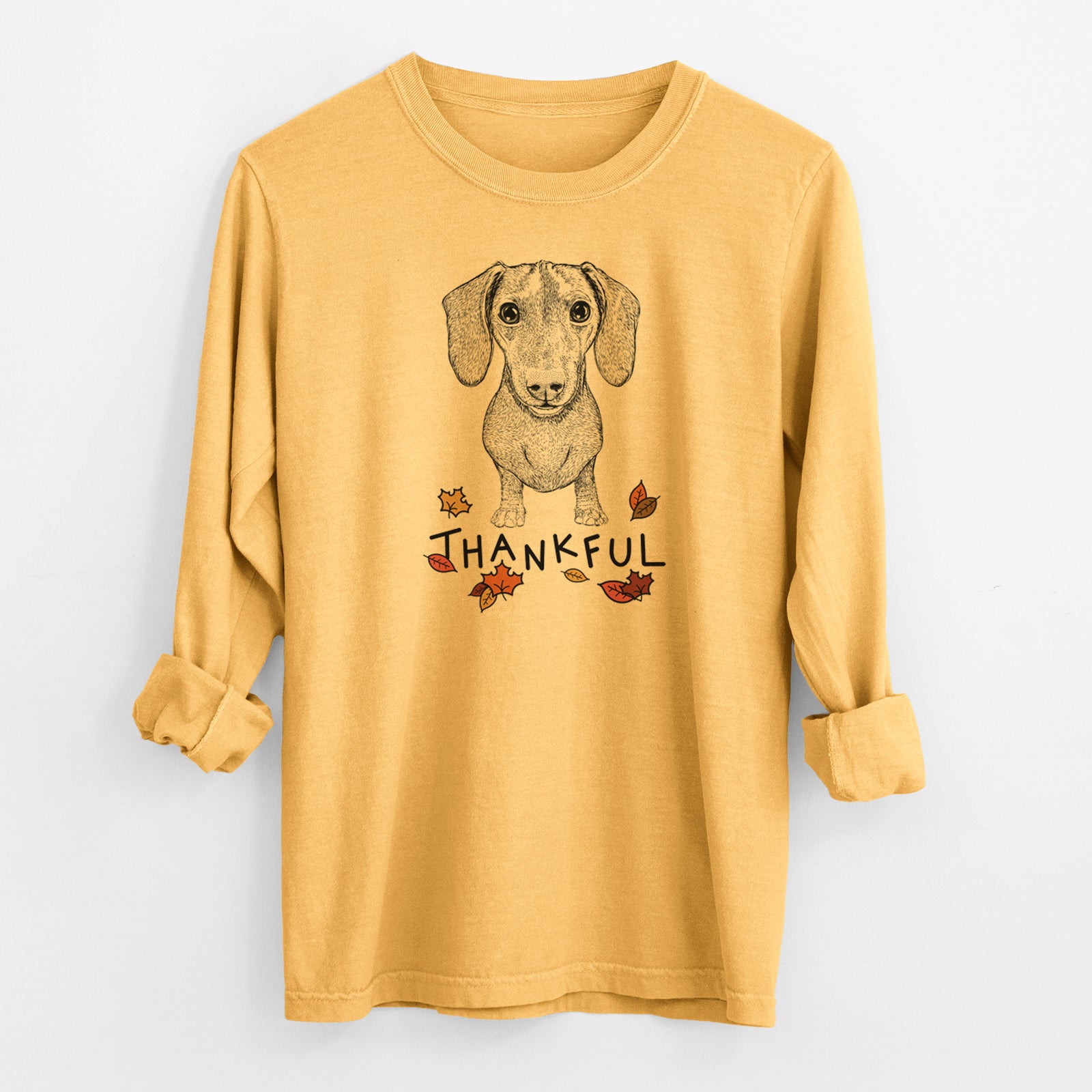 Thankful Ernie the Mini Dachshund - Men's Heavyweight 100% Cotton Long Sleeve