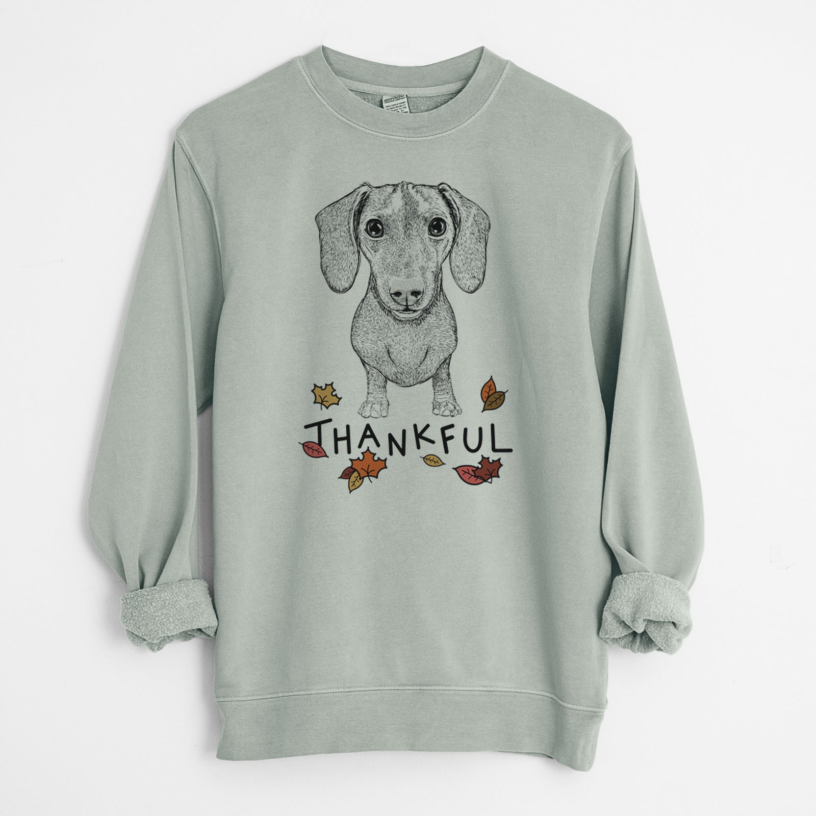 Hand-drawn sketch of Ernie the Mini Dachshund with 'Thankful' lettering and autumn leaves on a Sage Unisex pigment dyed crew sweatshirt