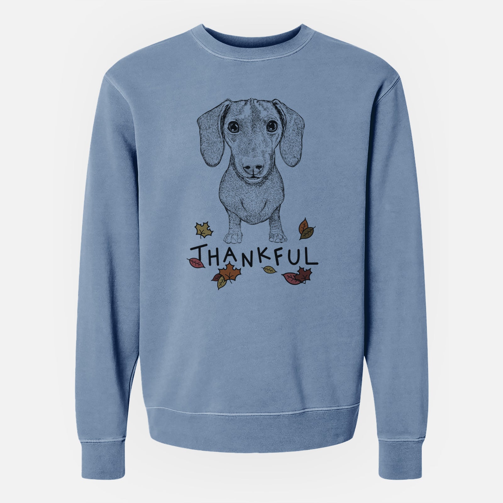 Hand-drawn sketch of Ernie the Mini Dachshund with 'Thankful' lettering and autumn leaves on a Slate Blue Unisex pigment dyed crew sweatshirt