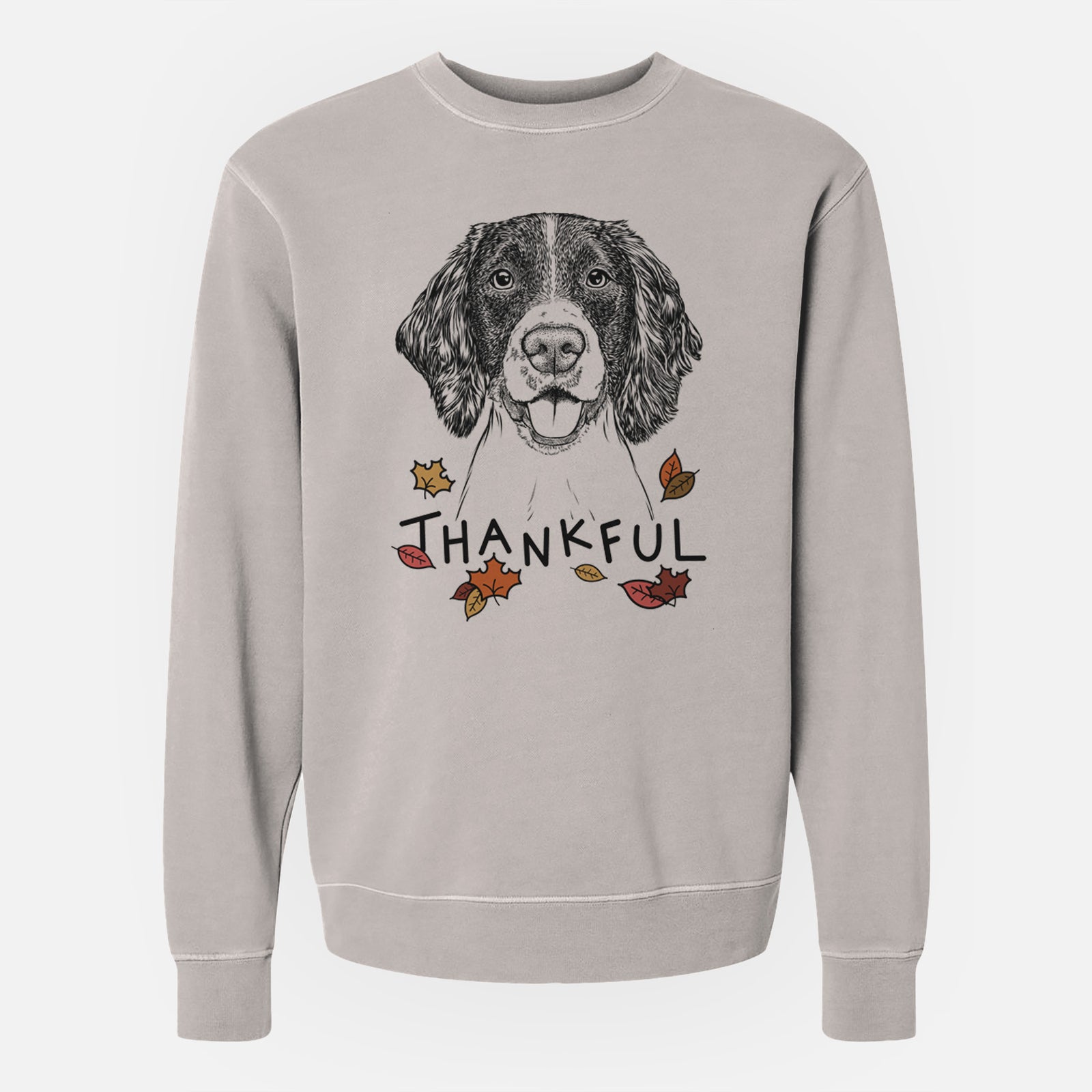 Hand-drawn sketch of Ever the English Springer Spaniel with 'Thankful' lettering and autumn leaves on a Cement Unisex pigment dyed crew sweatshirt
