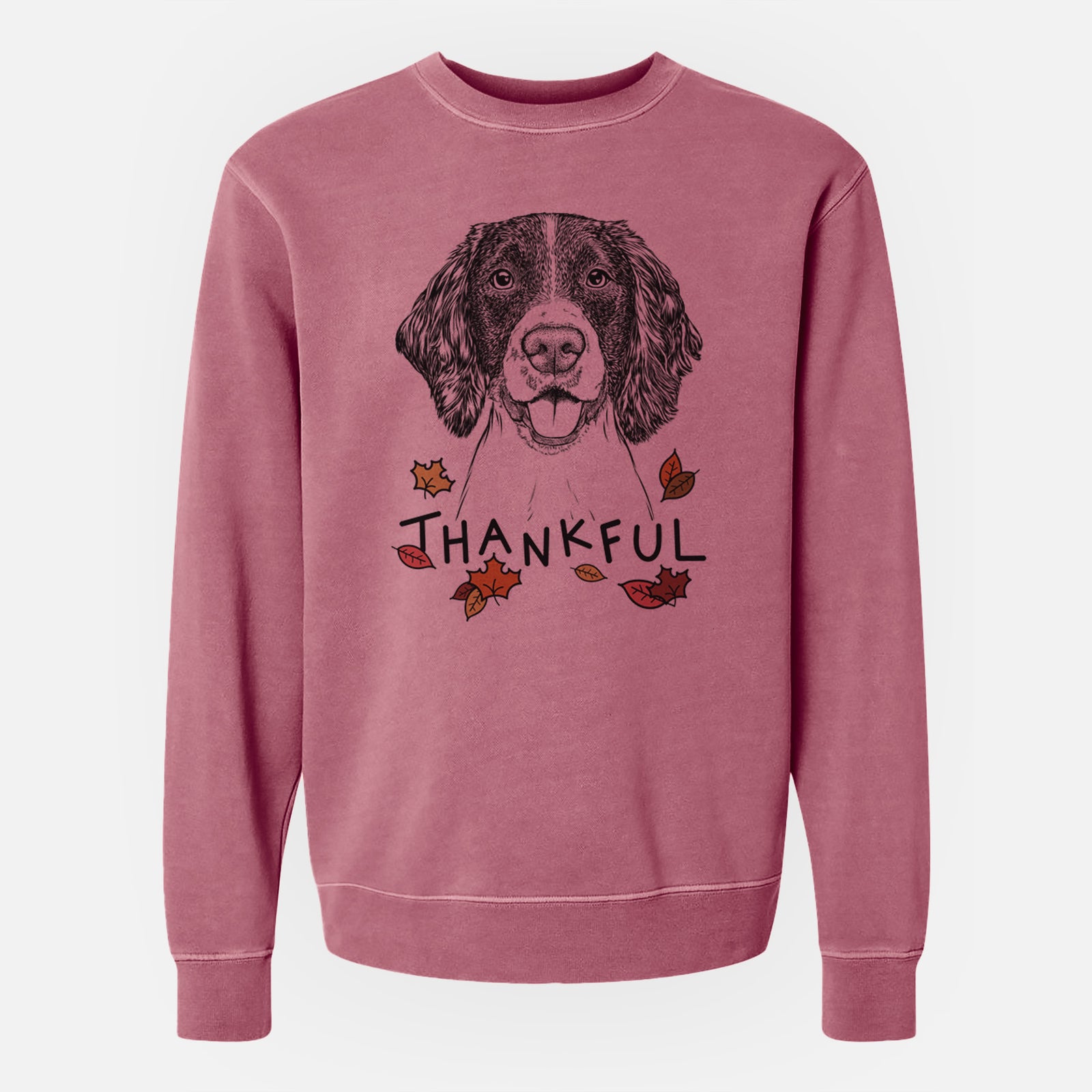 Hand-drawn sketch of Ever the English Springer Spaniel with 'Thankful' lettering and autumn leaves on a Maroon Unisex pigment dyed crew sweatshirt