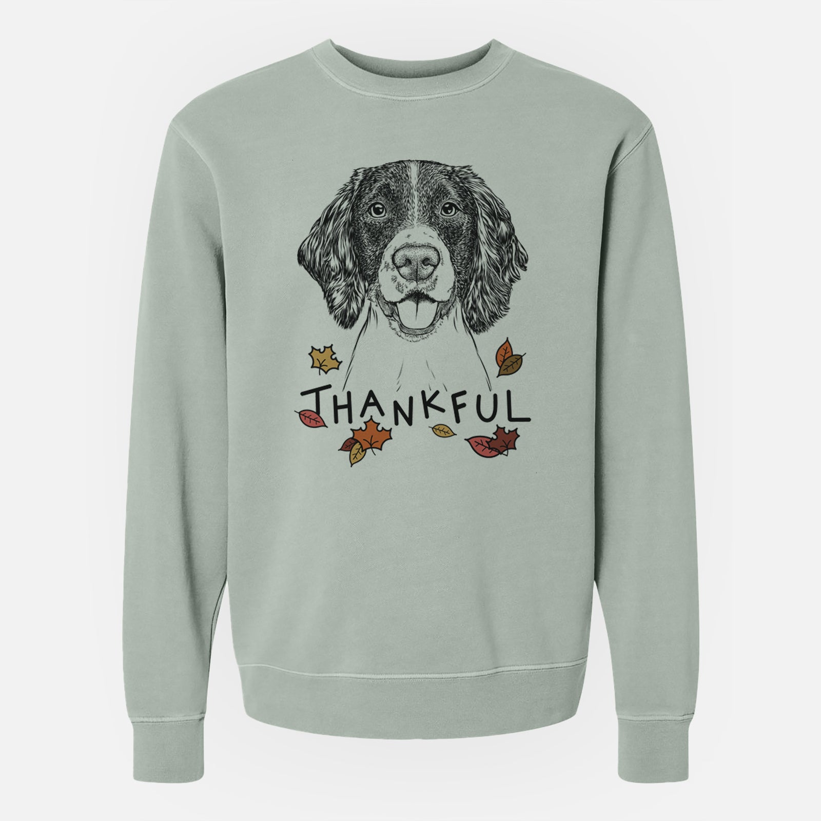 Hand-drawn sketch of Ever the English Springer Spaniel with 'Thankful' lettering and autumn leaves on a Sage Unisex pigment dyed crew sweatshirt